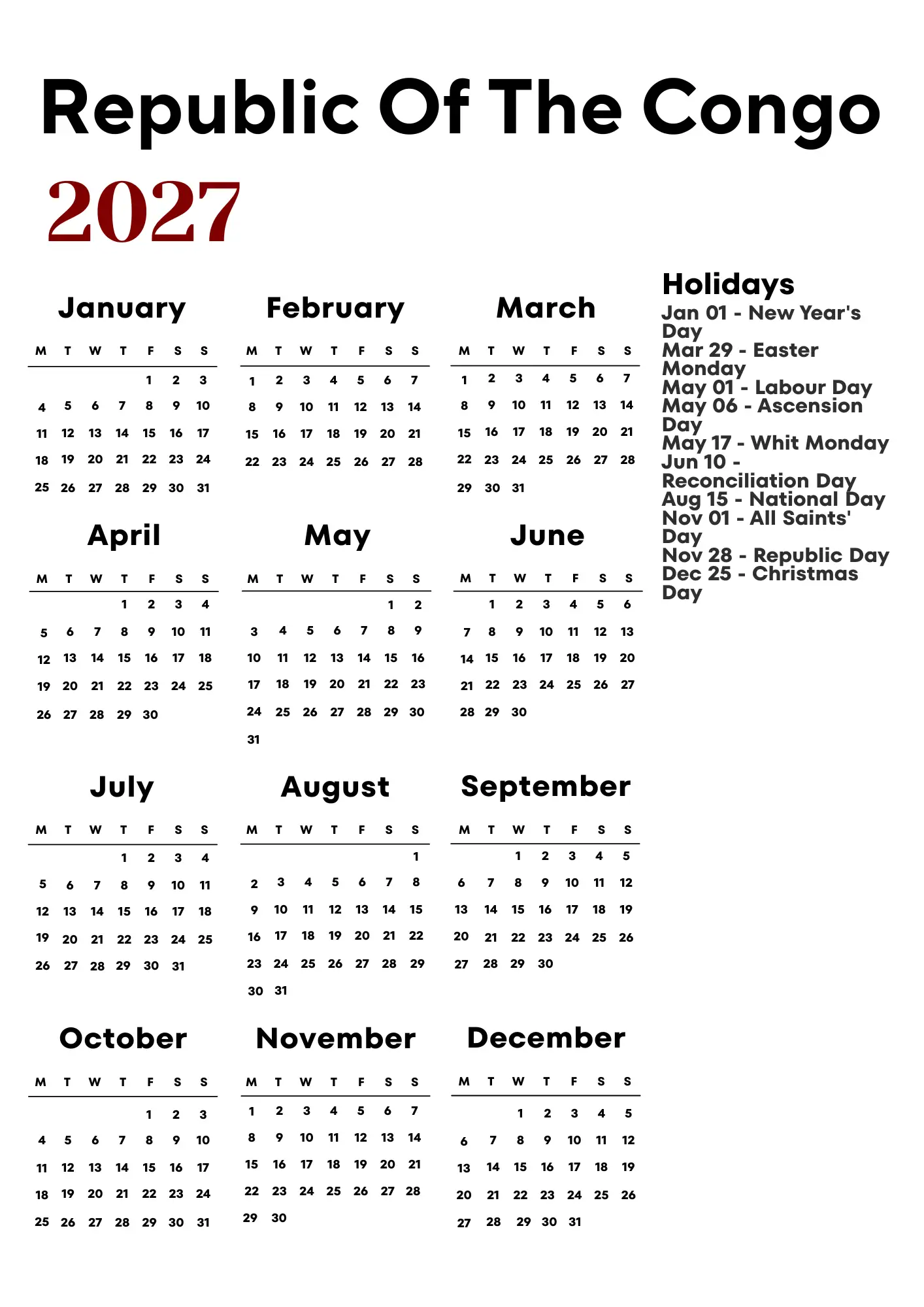 Republic Of The Congo Calendar 2027