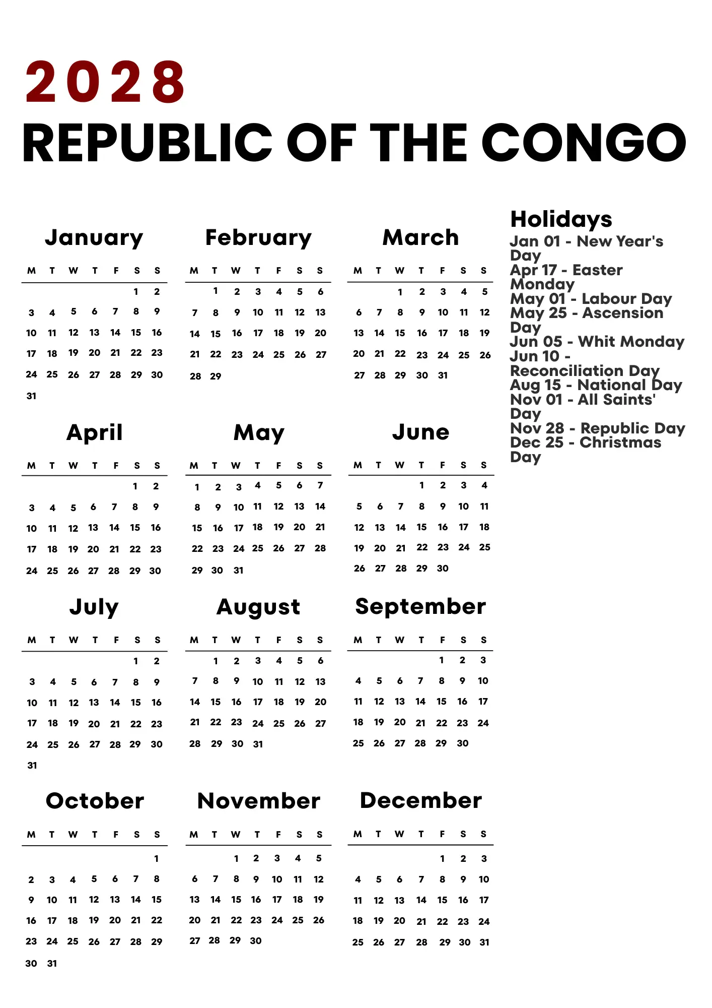 Republic Of The Congo Calendar 2028