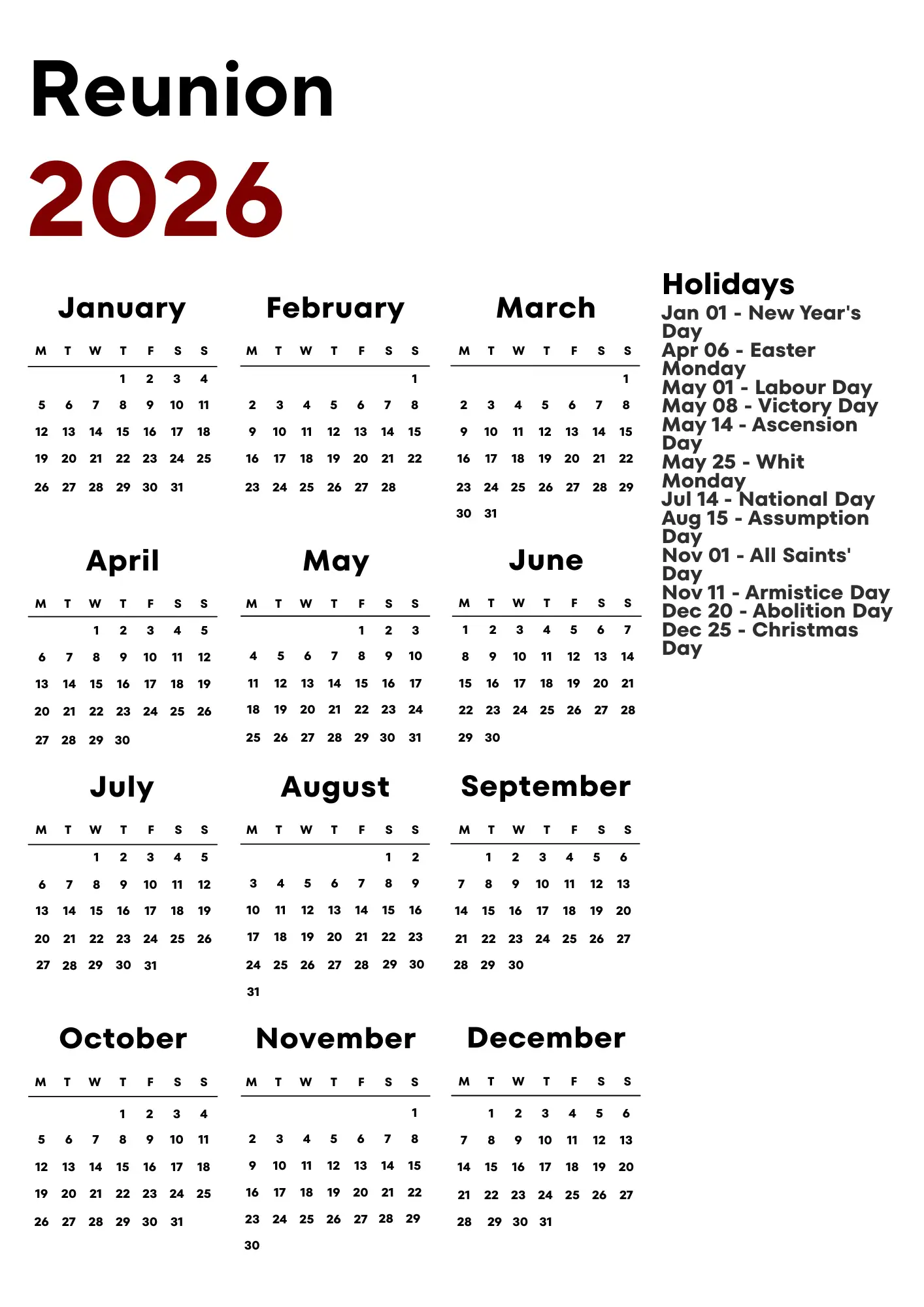 Reunion Calendar 2026