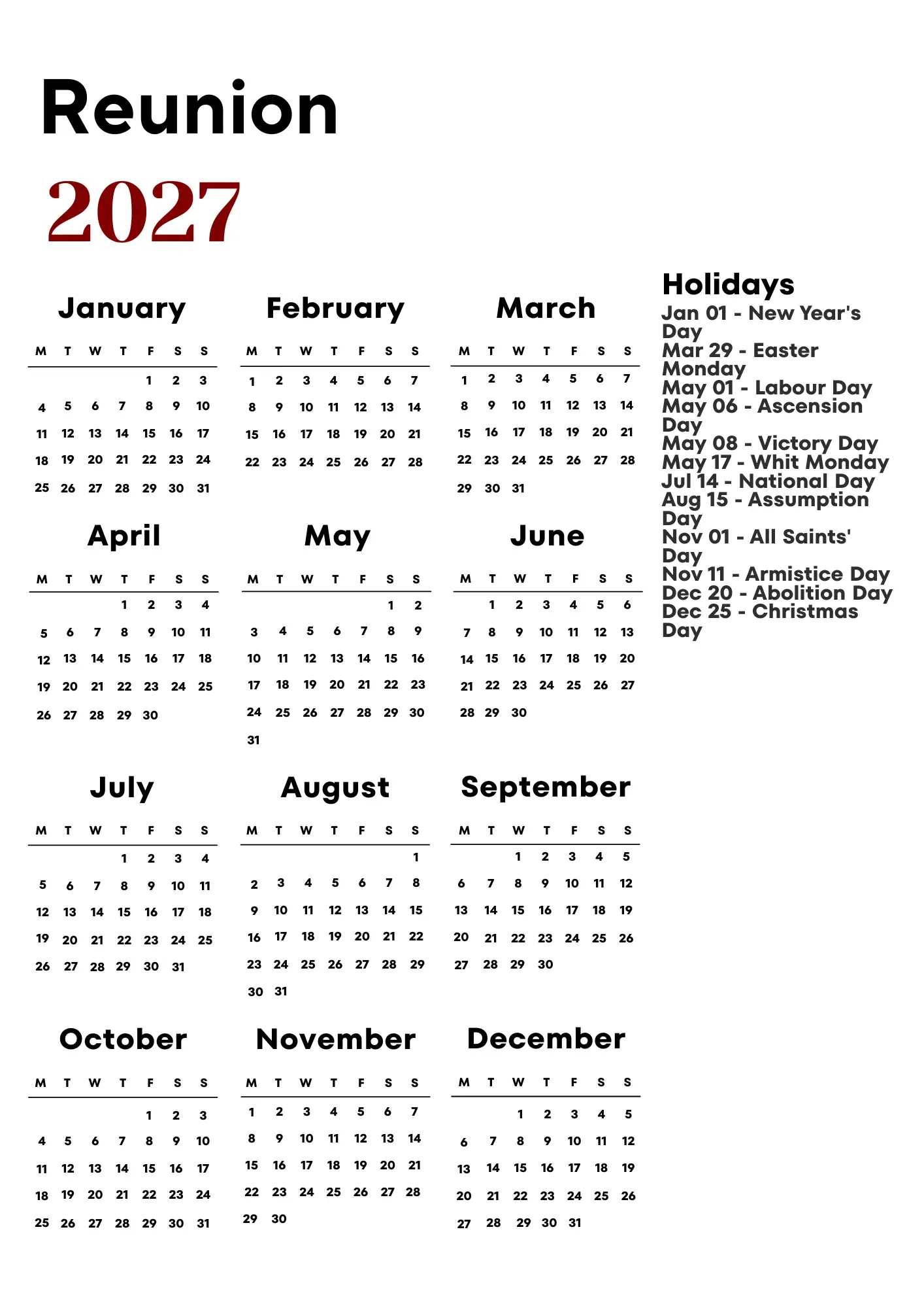 Reunion Calendar 2027