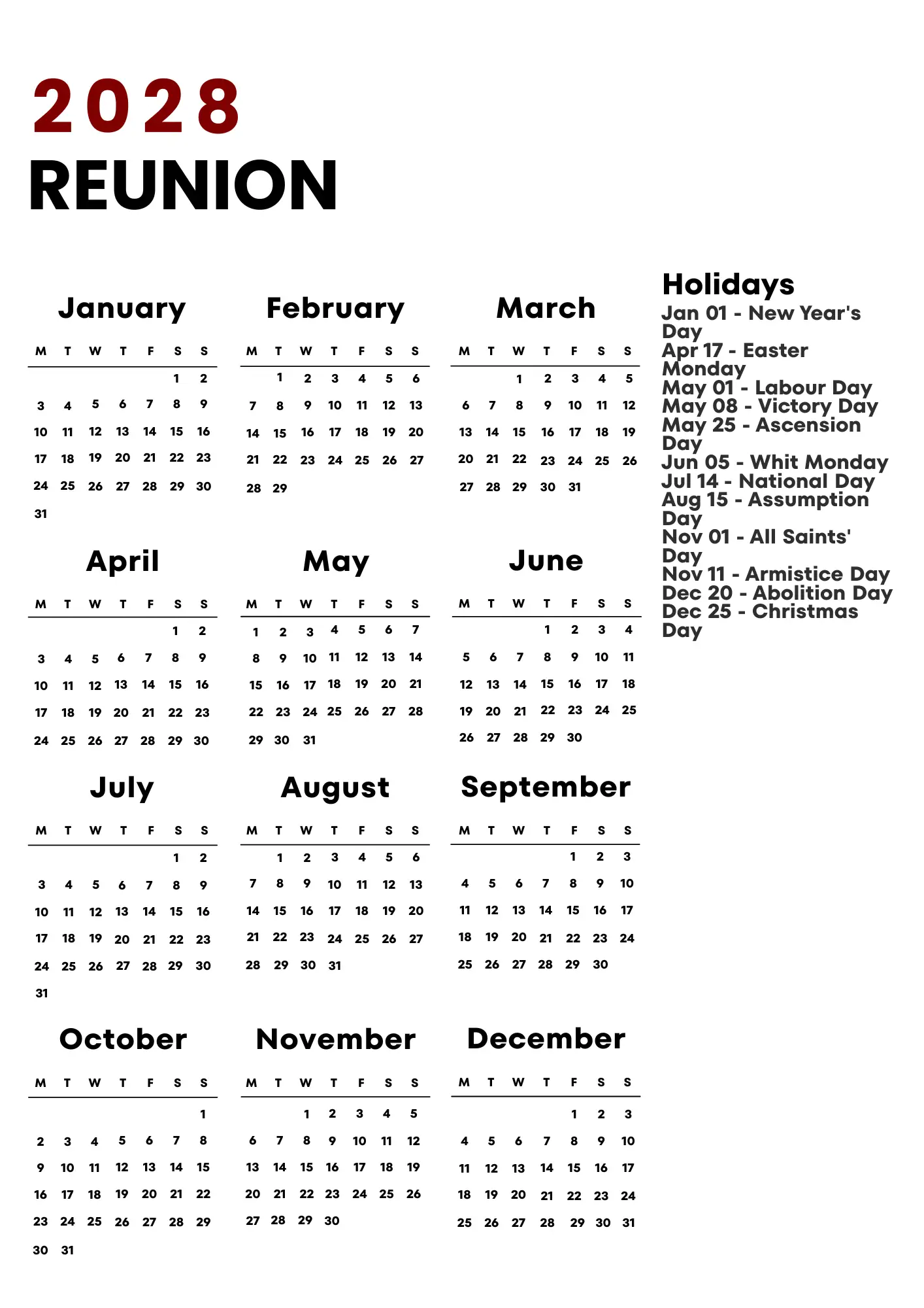 Reunion Calendar 2028