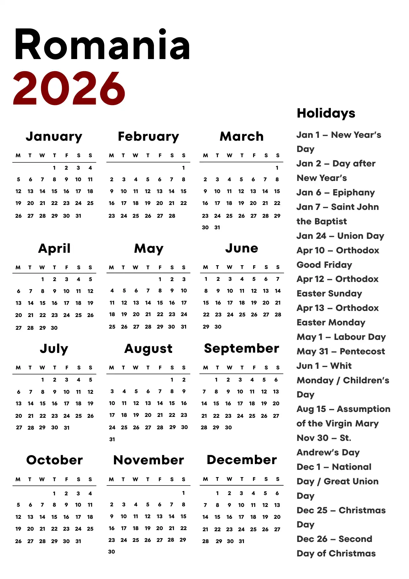 Romania Calendar 2026