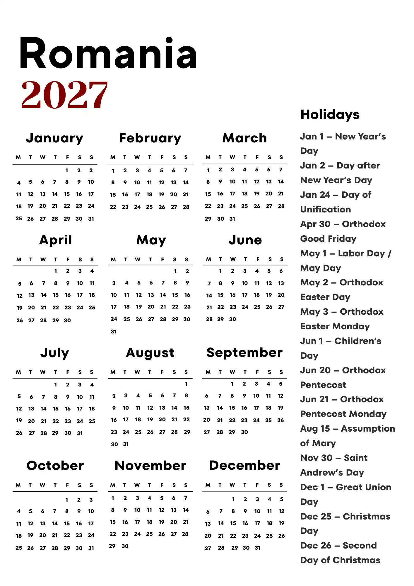 Romania Calendar 2027