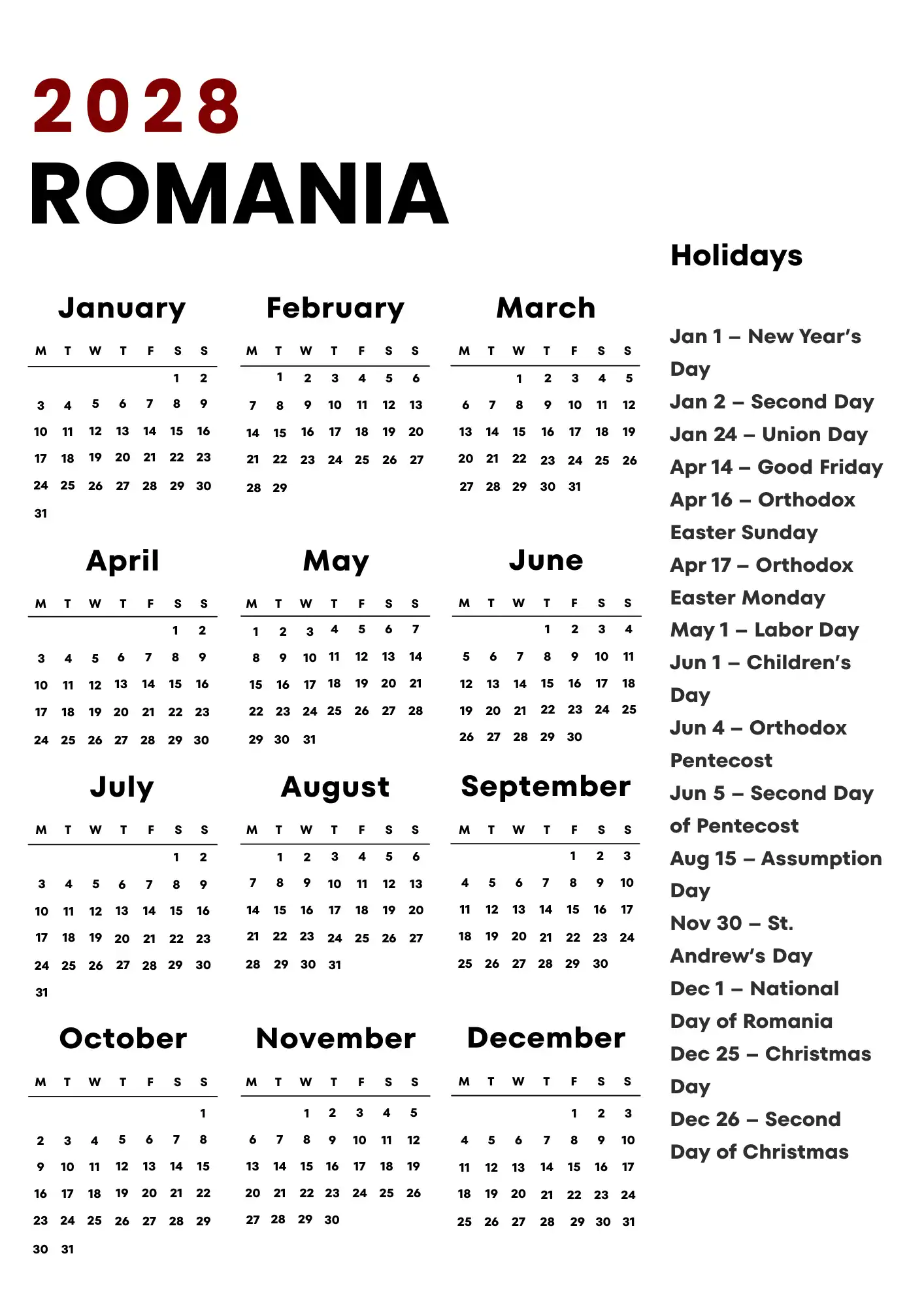 Romania Calendar 2028
