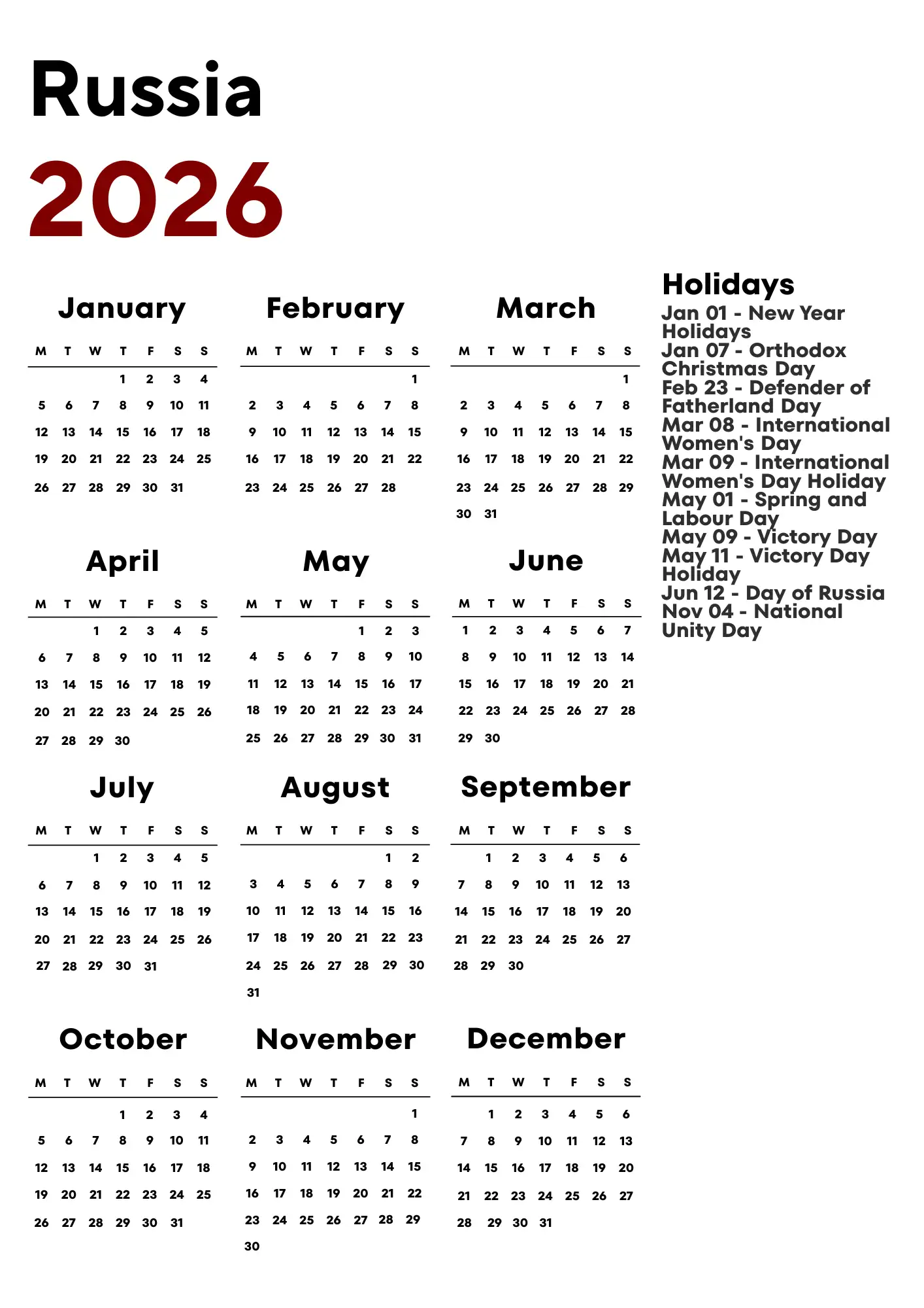 Russia Calendar 2026