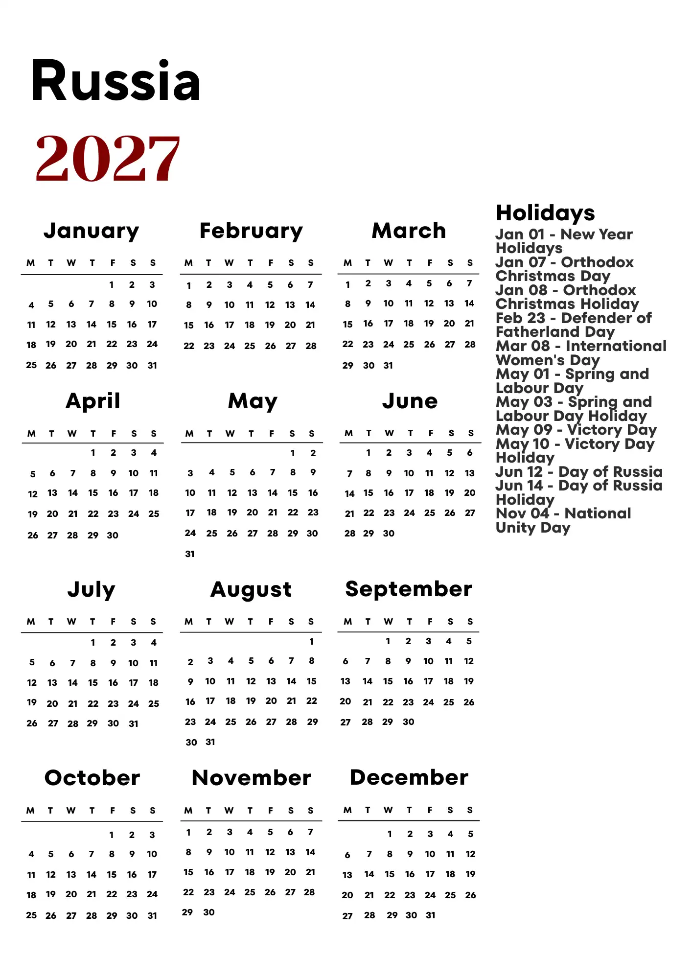 Russia Calendar 2027