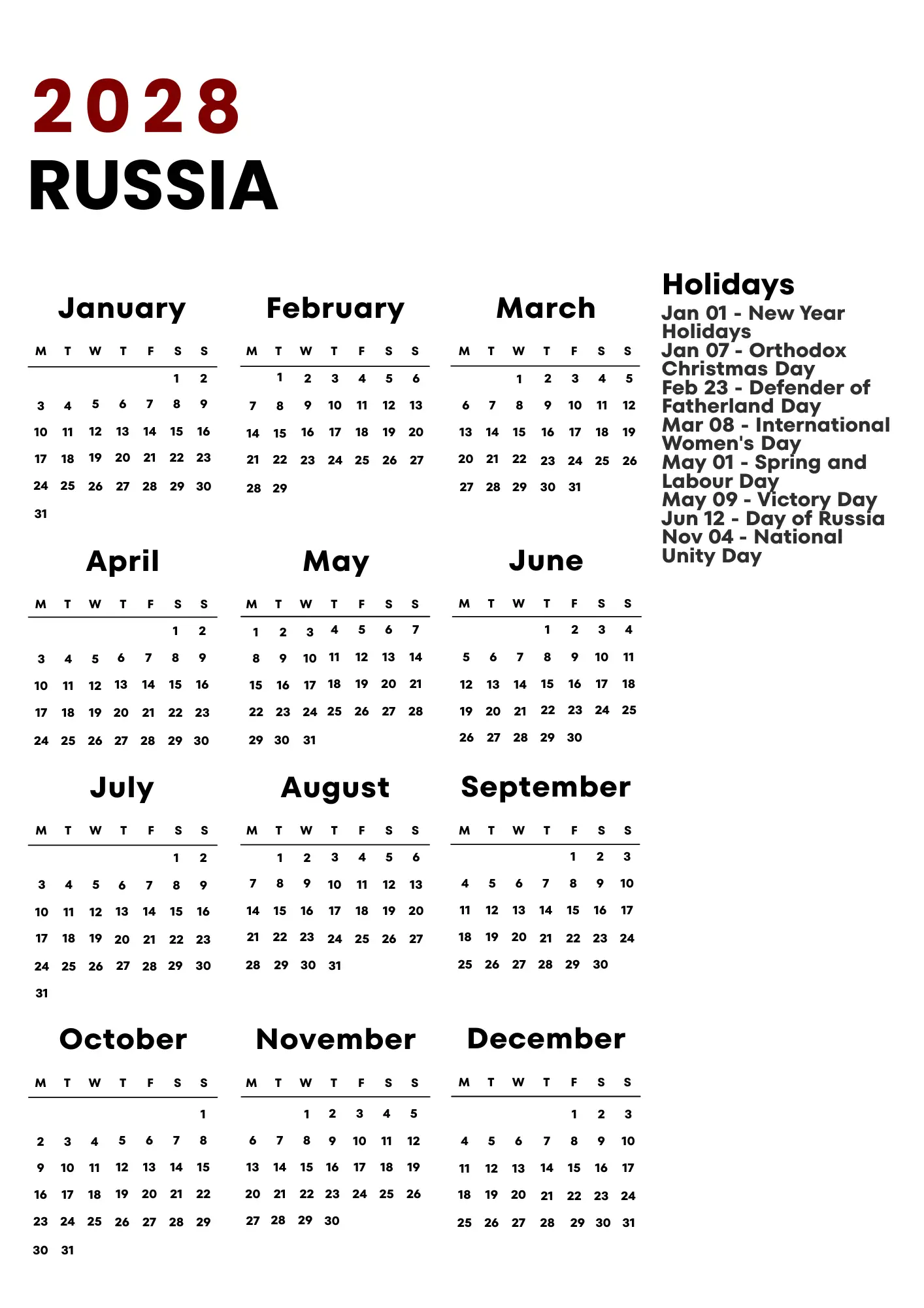 Russia Calendar 2028