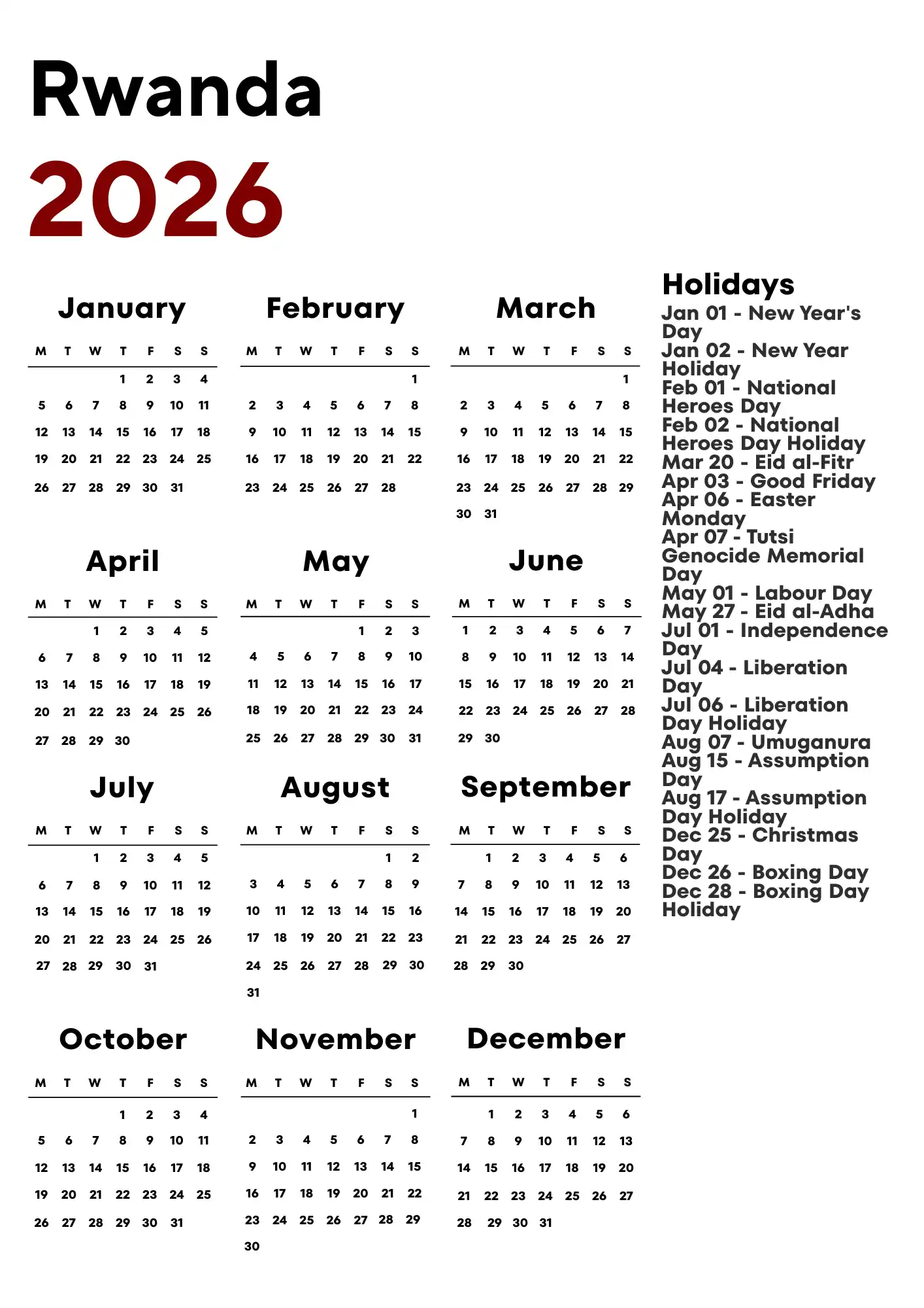 Rwanda Calendar 2026