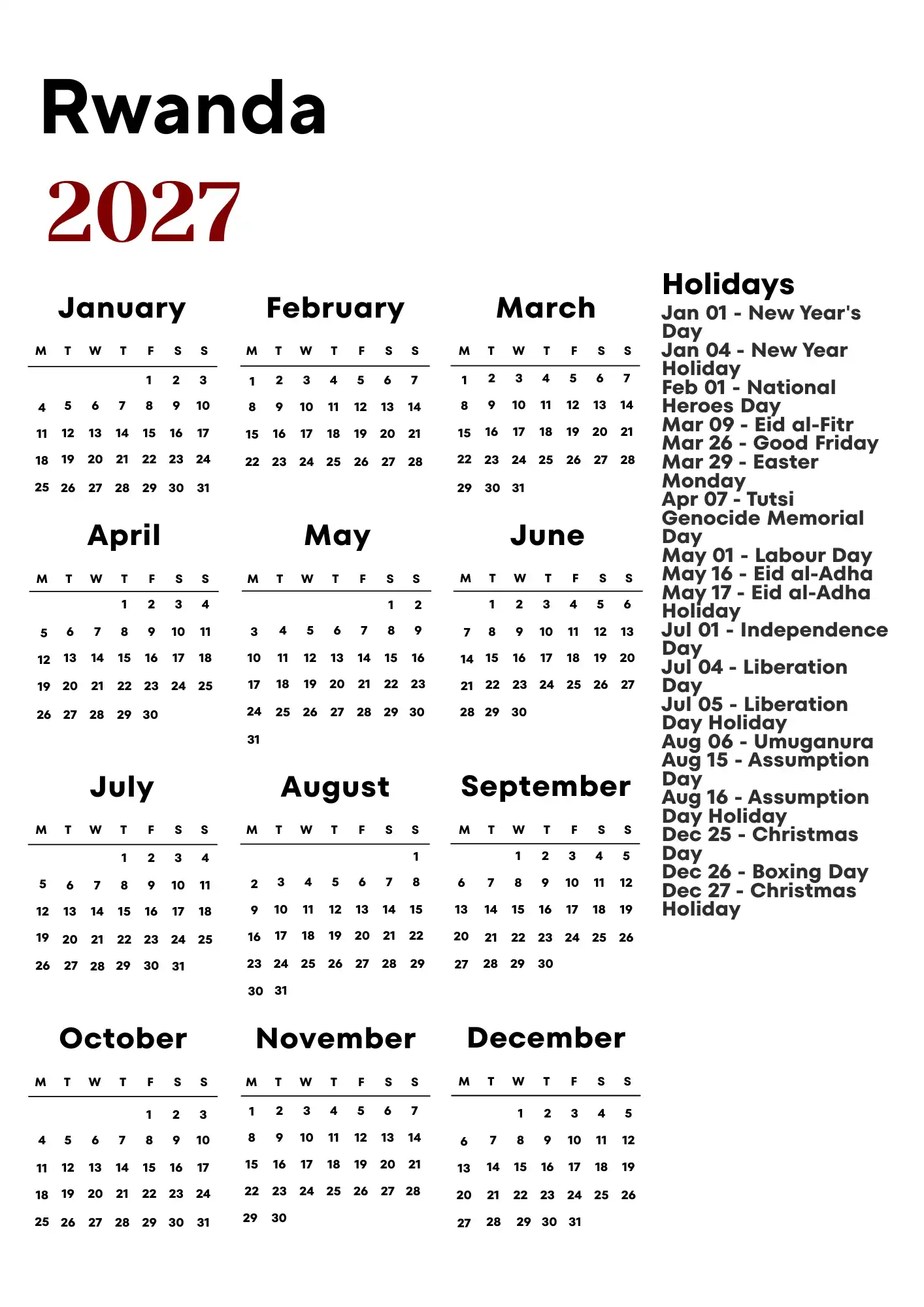 Rwanda Calendar 2027
