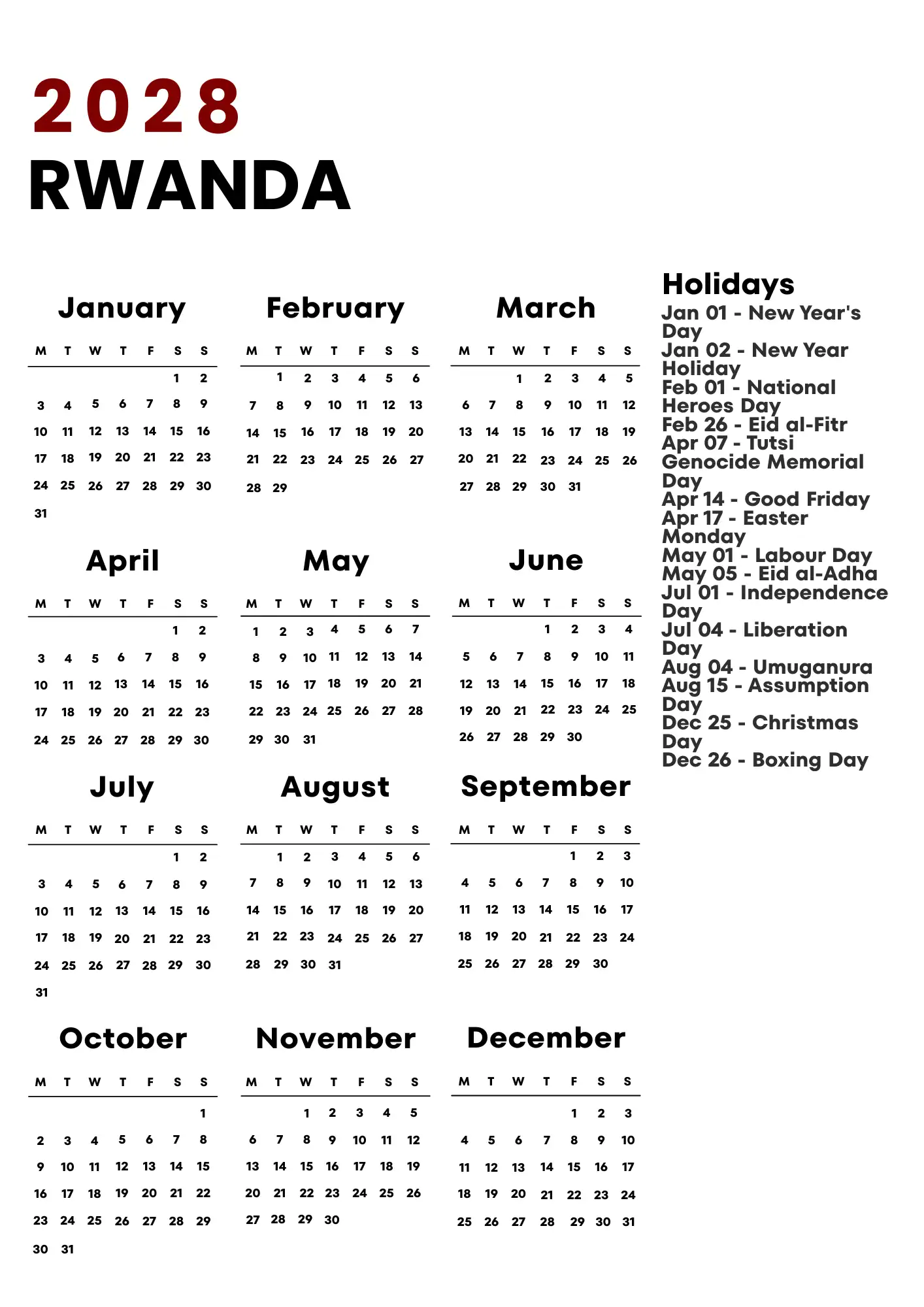 Rwanda Calendar 2028