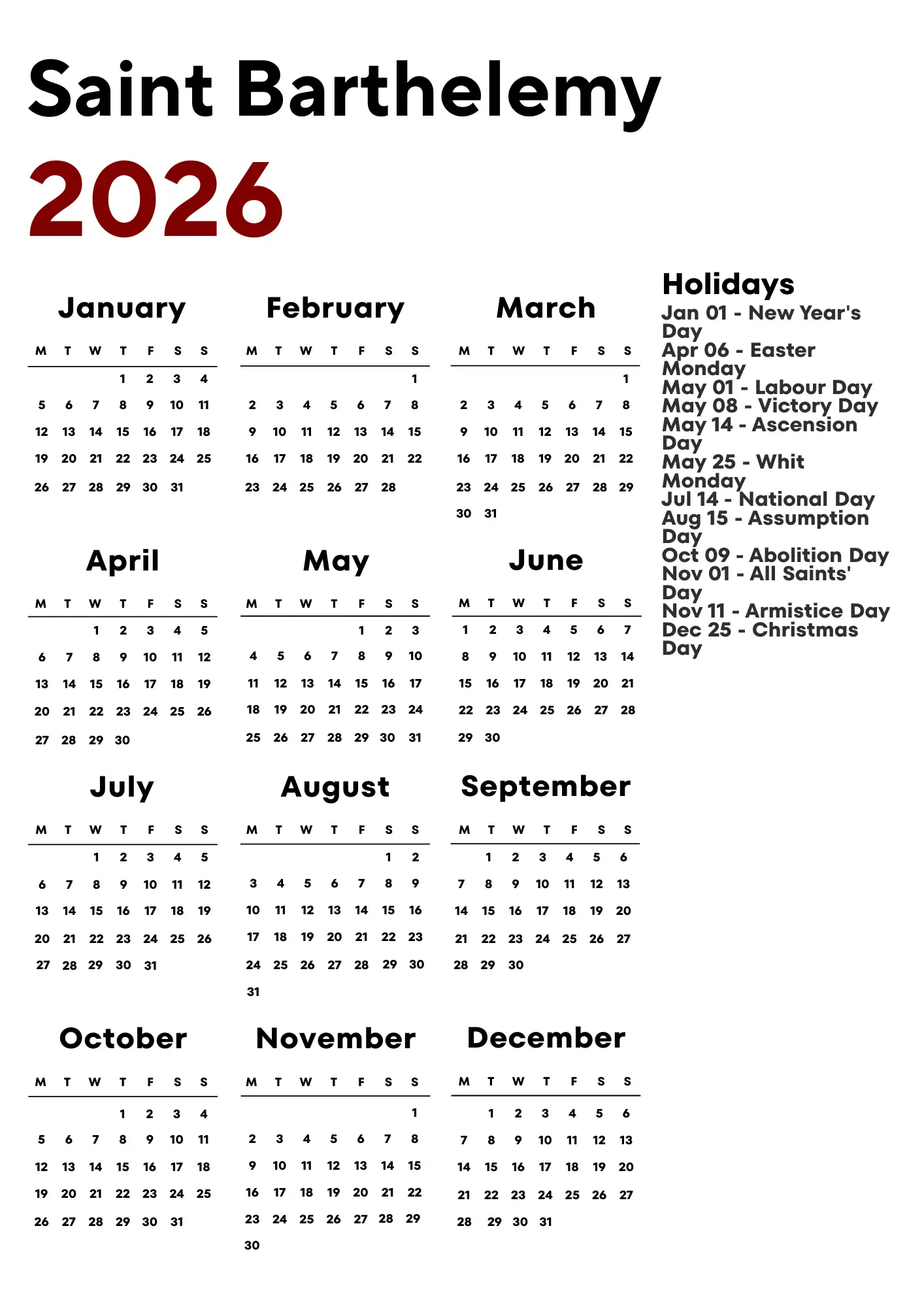 Saint Barthelemy Calendar 2026