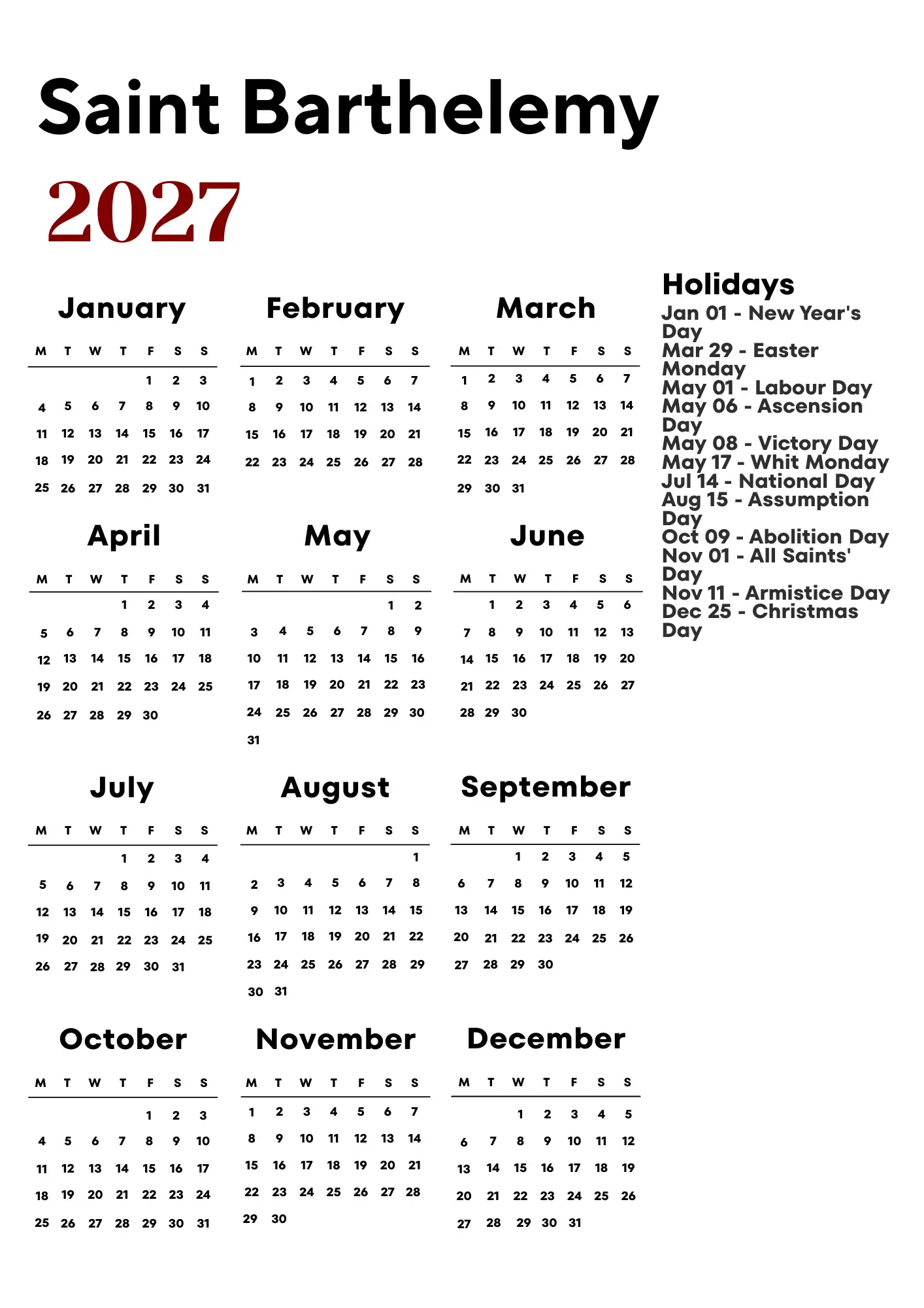 Saint Barthelemy Calendar 2027