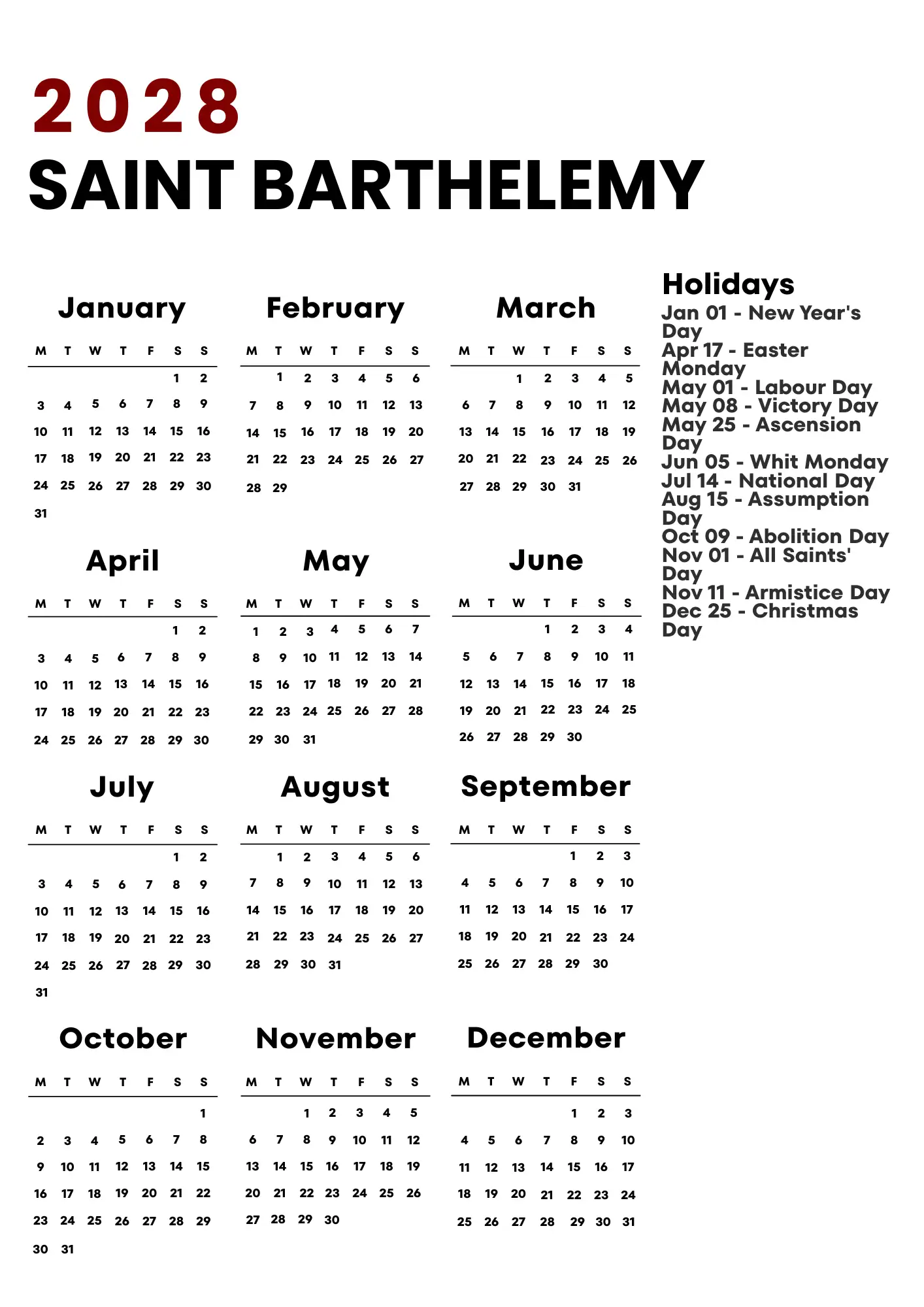 Saint Barthelemy Calendar 2028