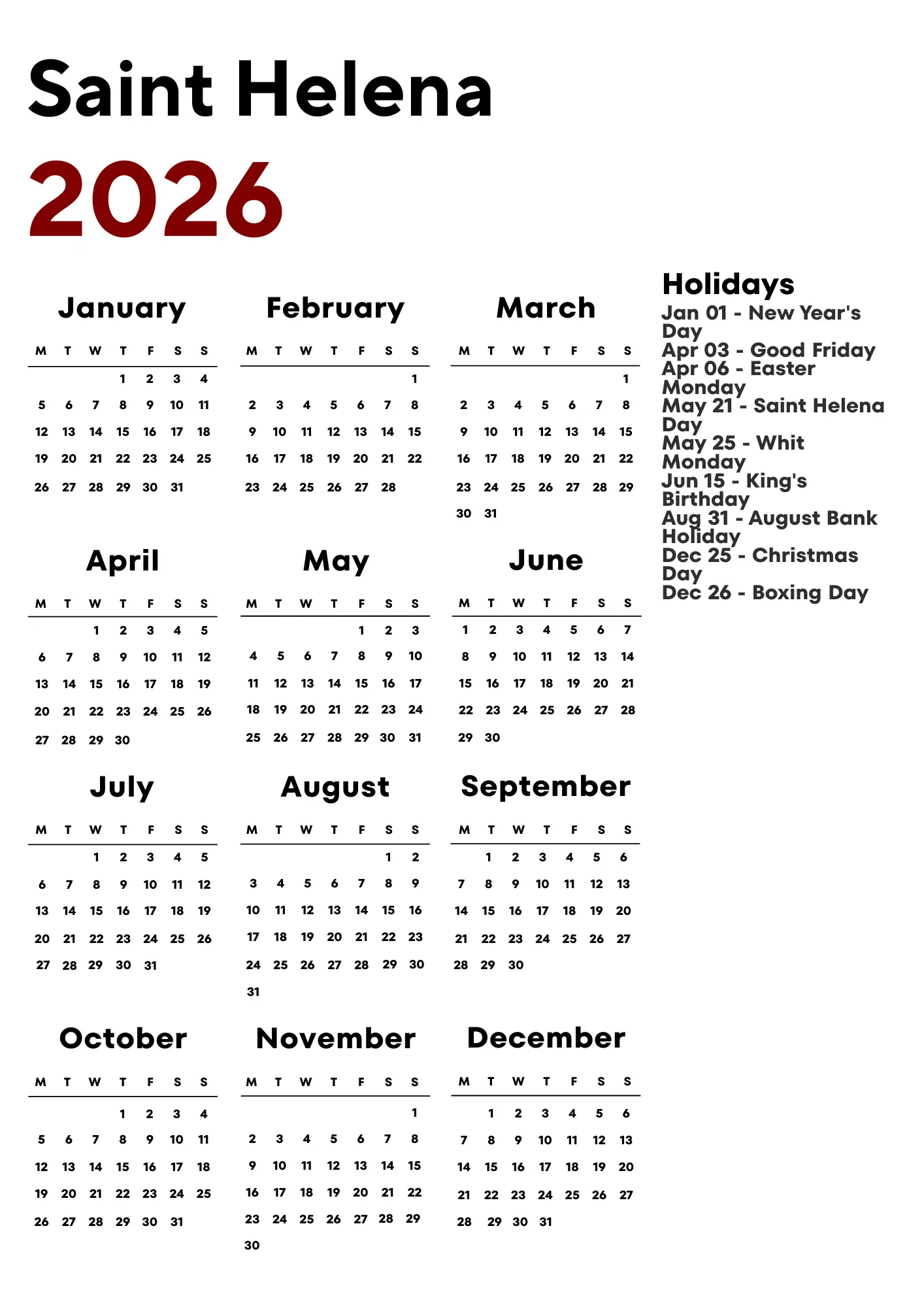 Saint Helena Calendar 2026
