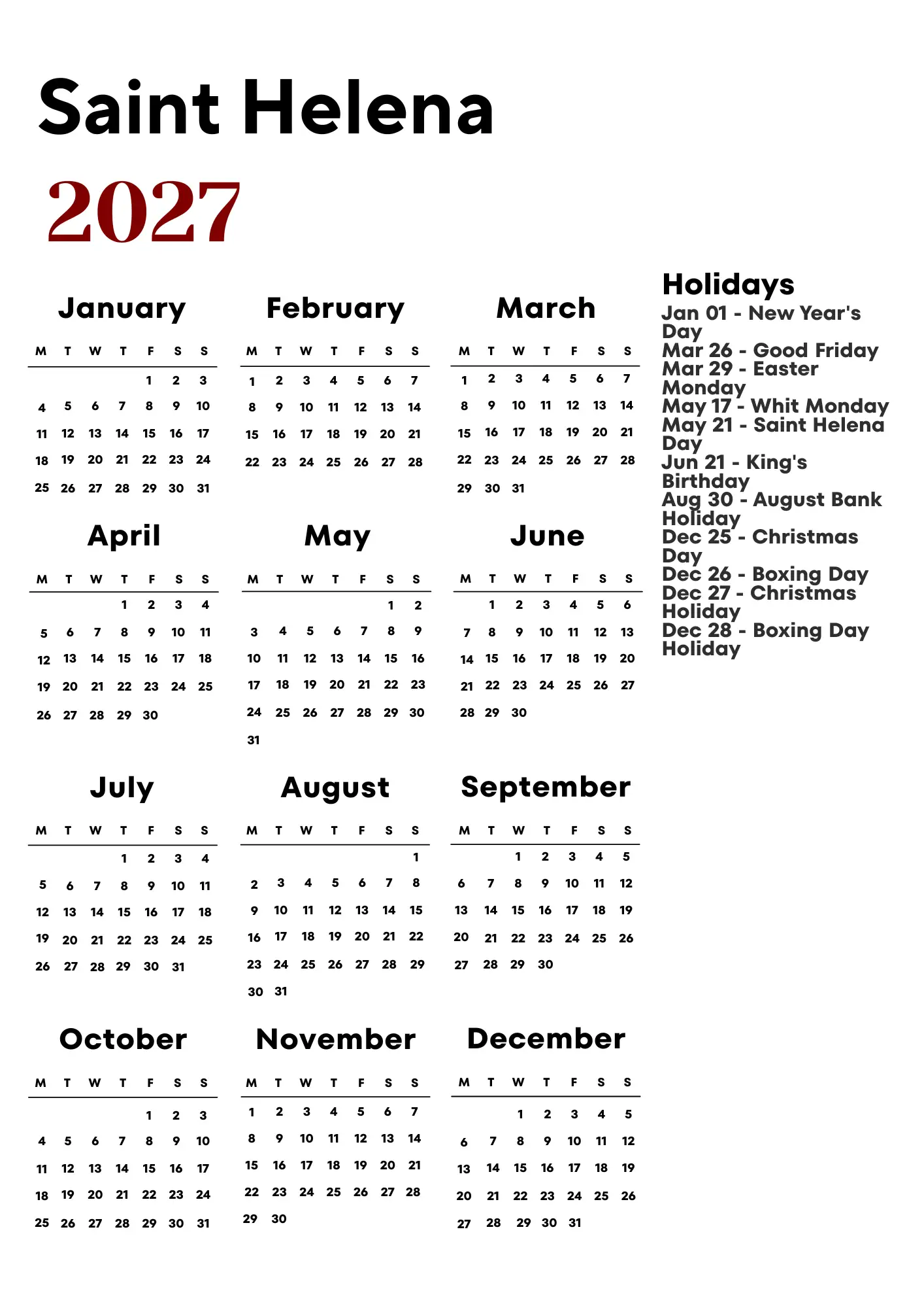 Saint Helena Calendar 2027