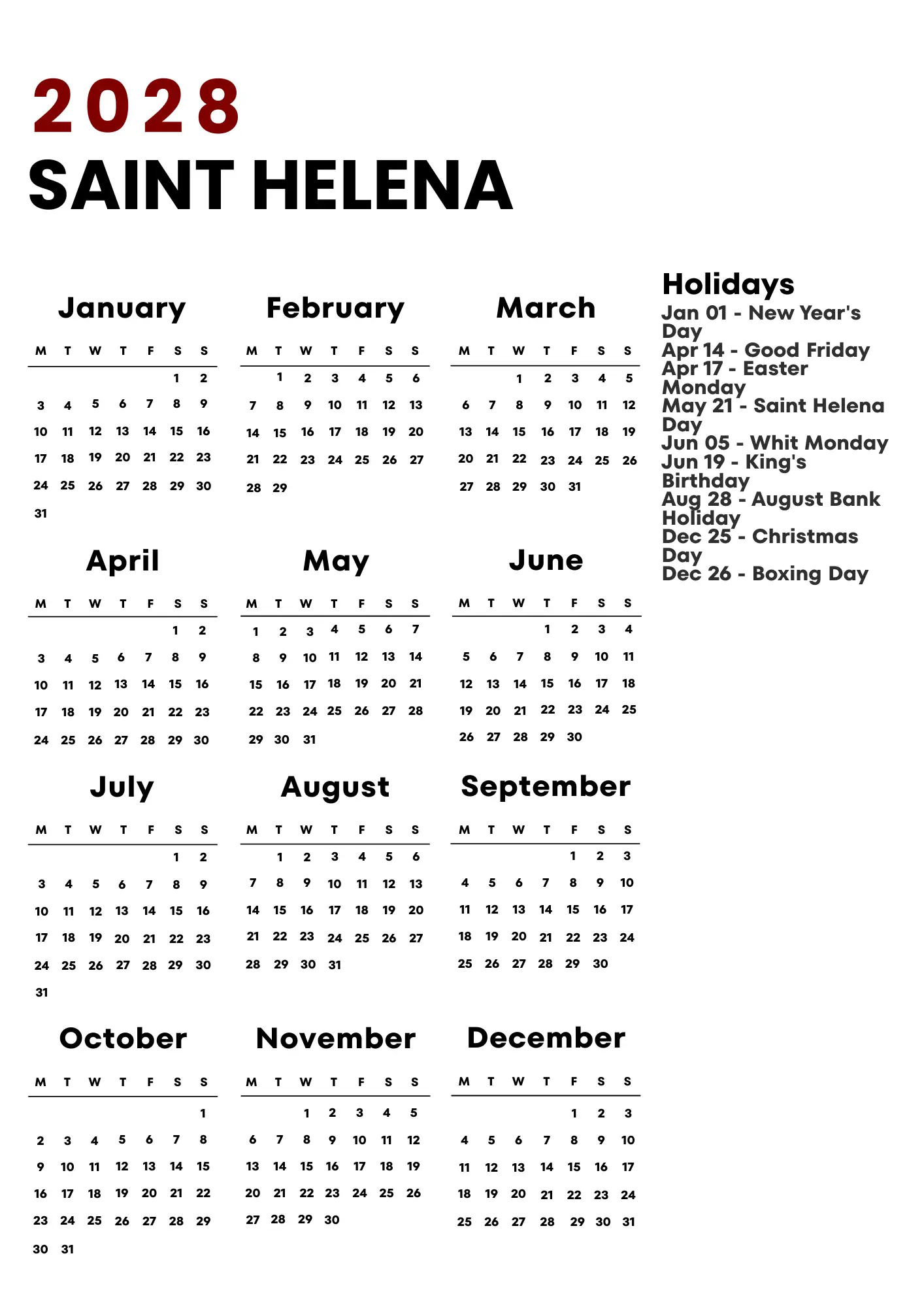 Saint Helena Calendar 2028