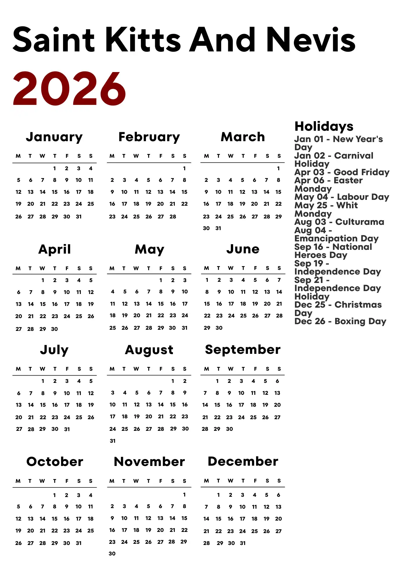 Saint Kitts And Nevis Calendar 2026