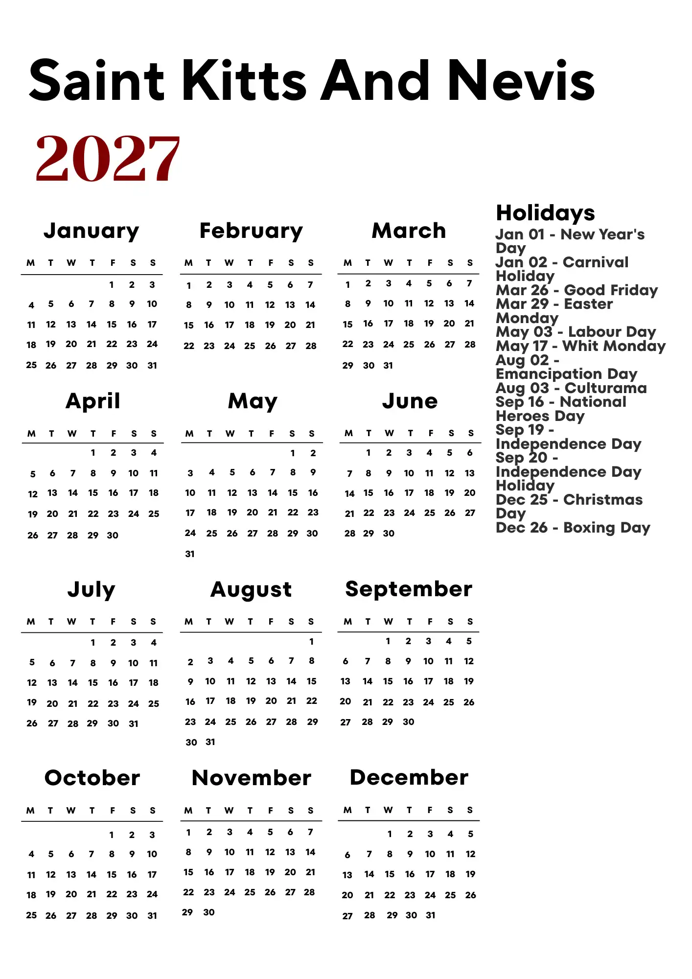 Saint Kitts And Nevis Calendar 2027