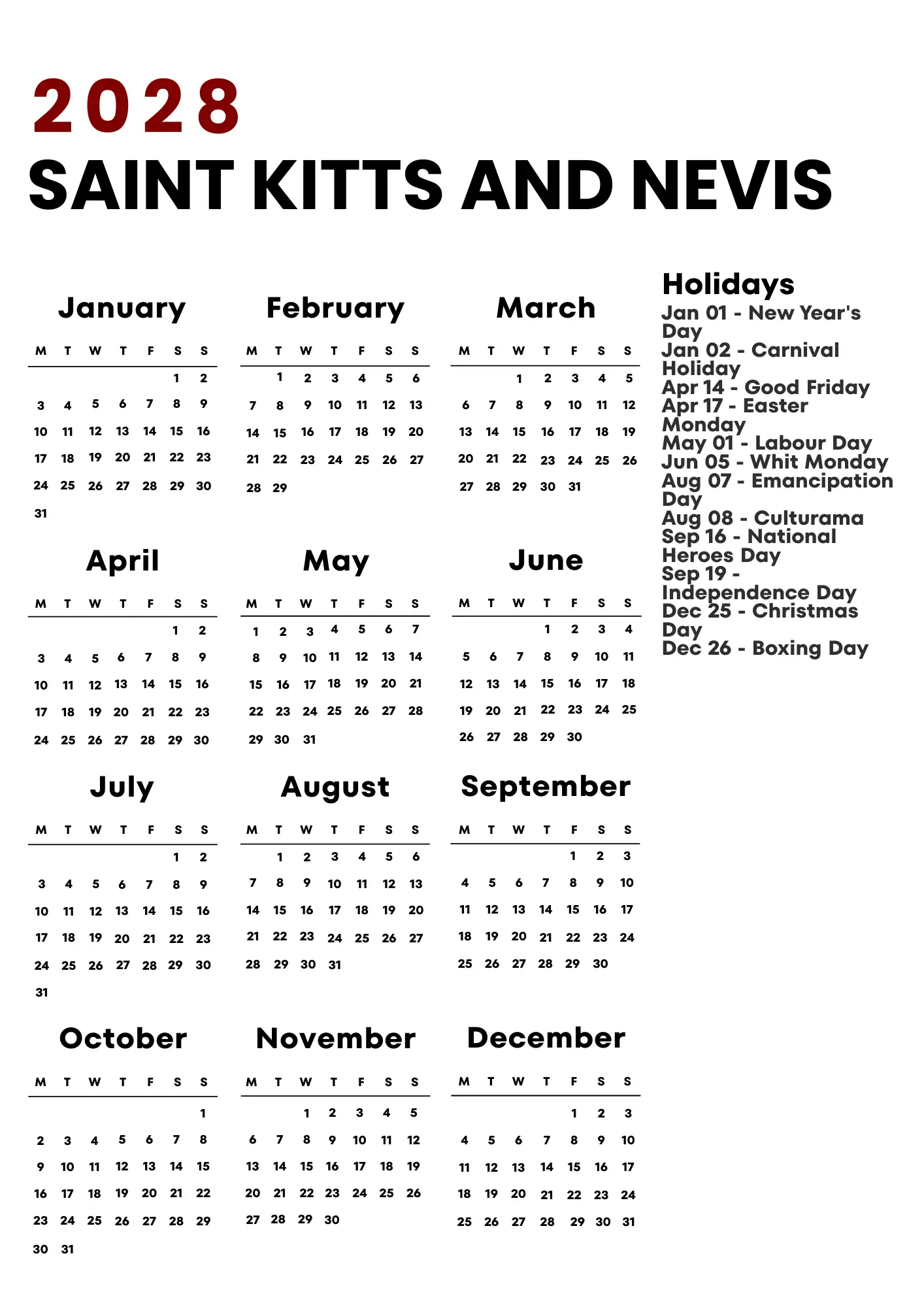 Saint Kitts And Nevis Calendar 2028