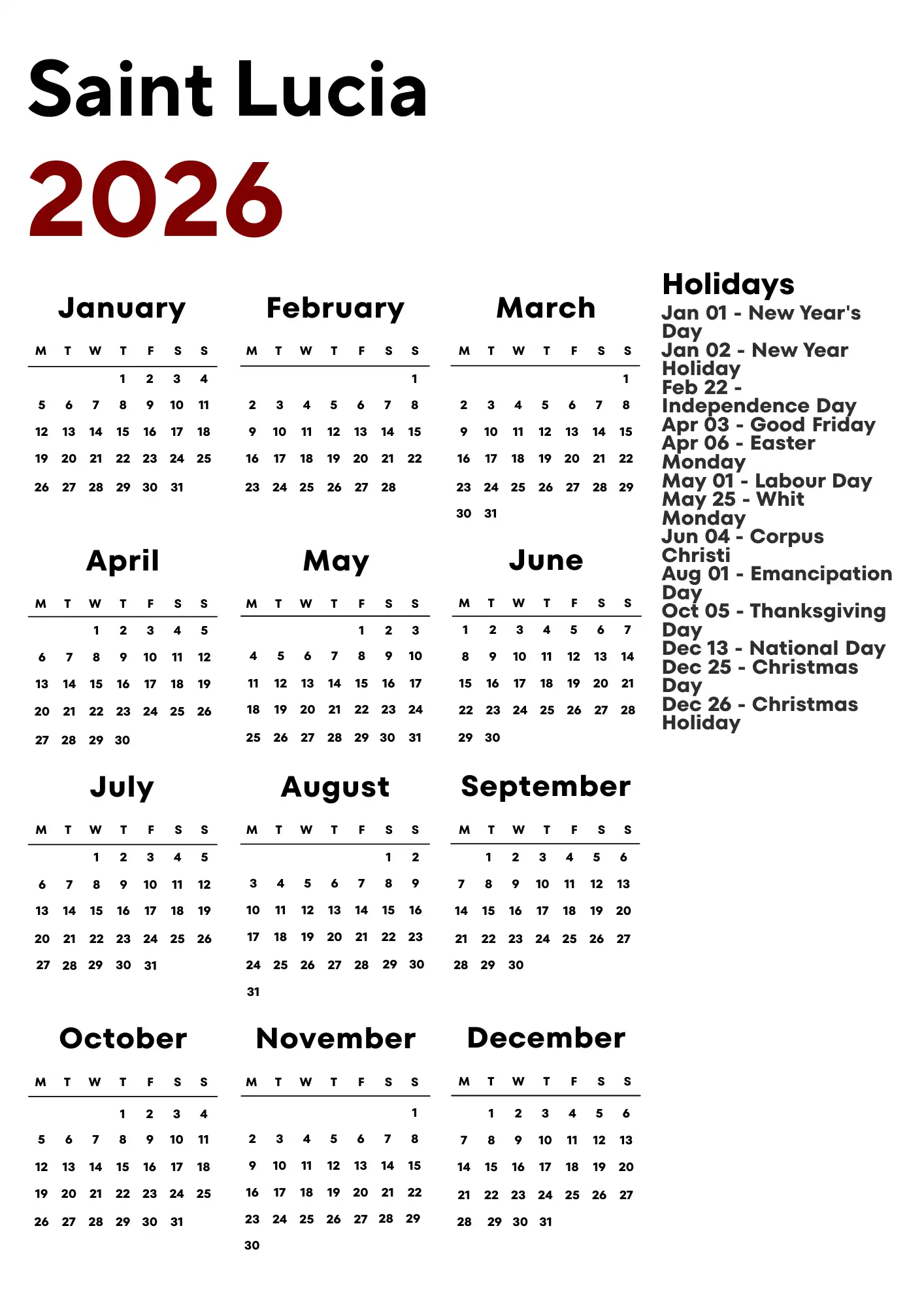 Saint Lucia Calendar 2026