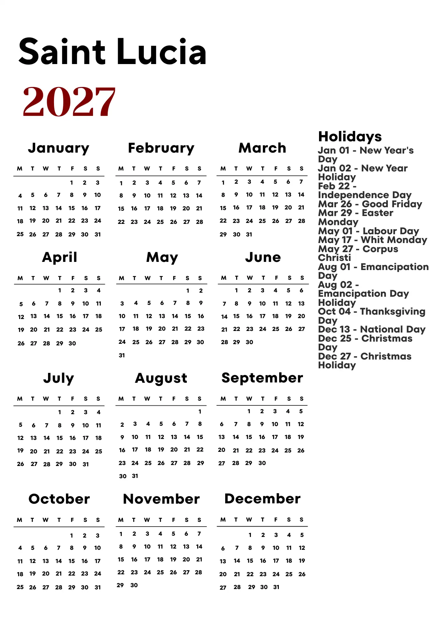Saint Lucia Calendar 2027