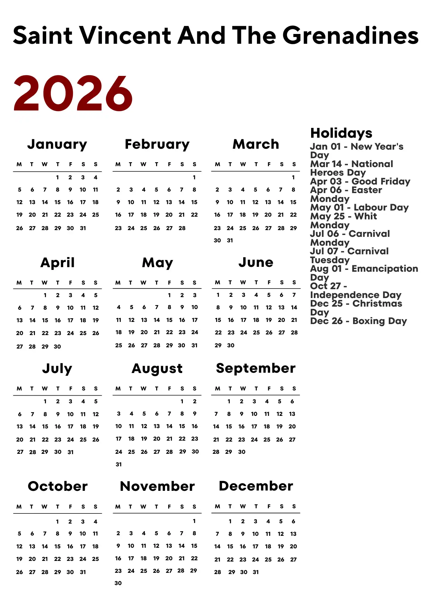 Saint Vincent And The Grenadines Calendar 2026