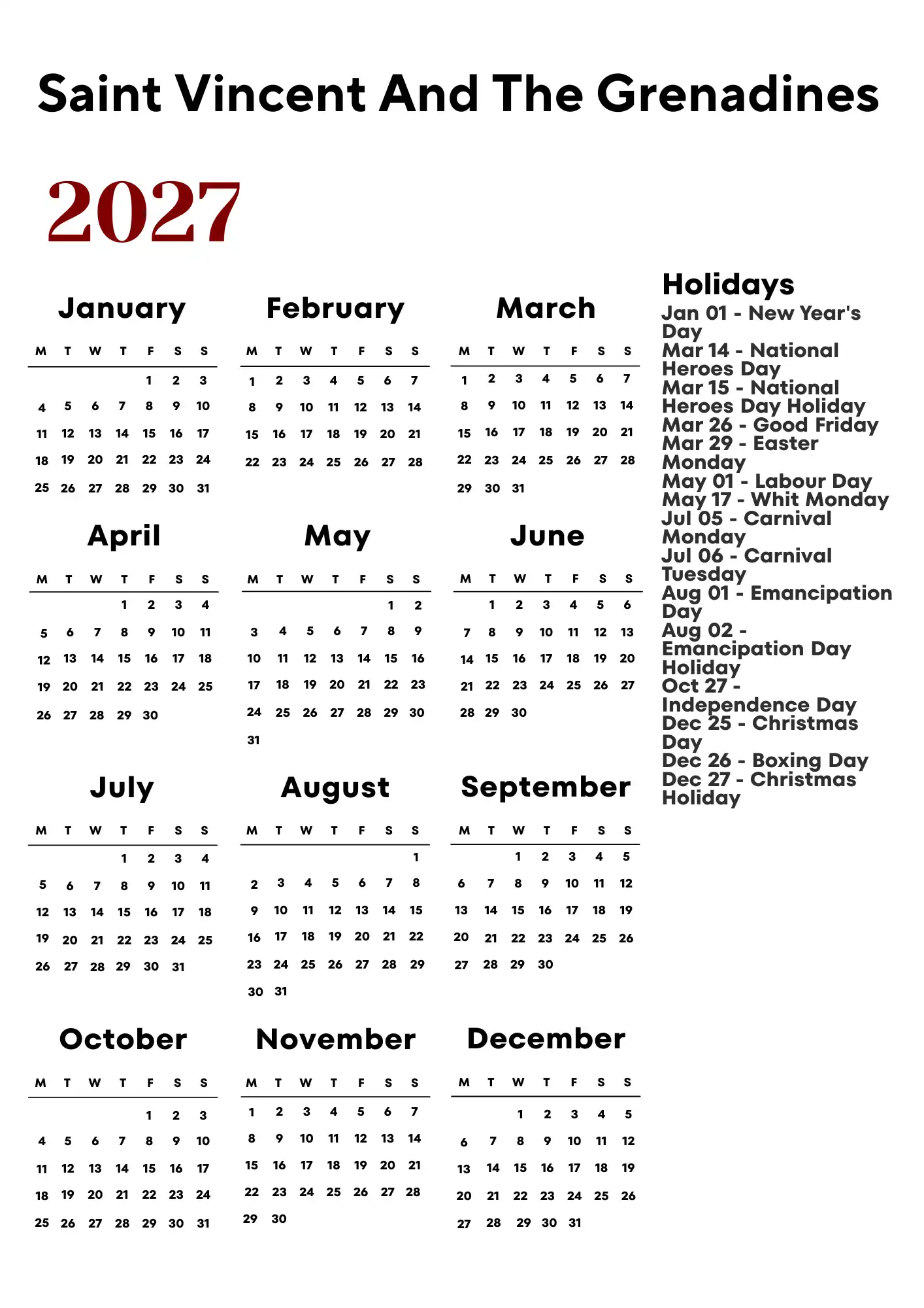 Saint Vincent And The Grenadines Calendar 2027