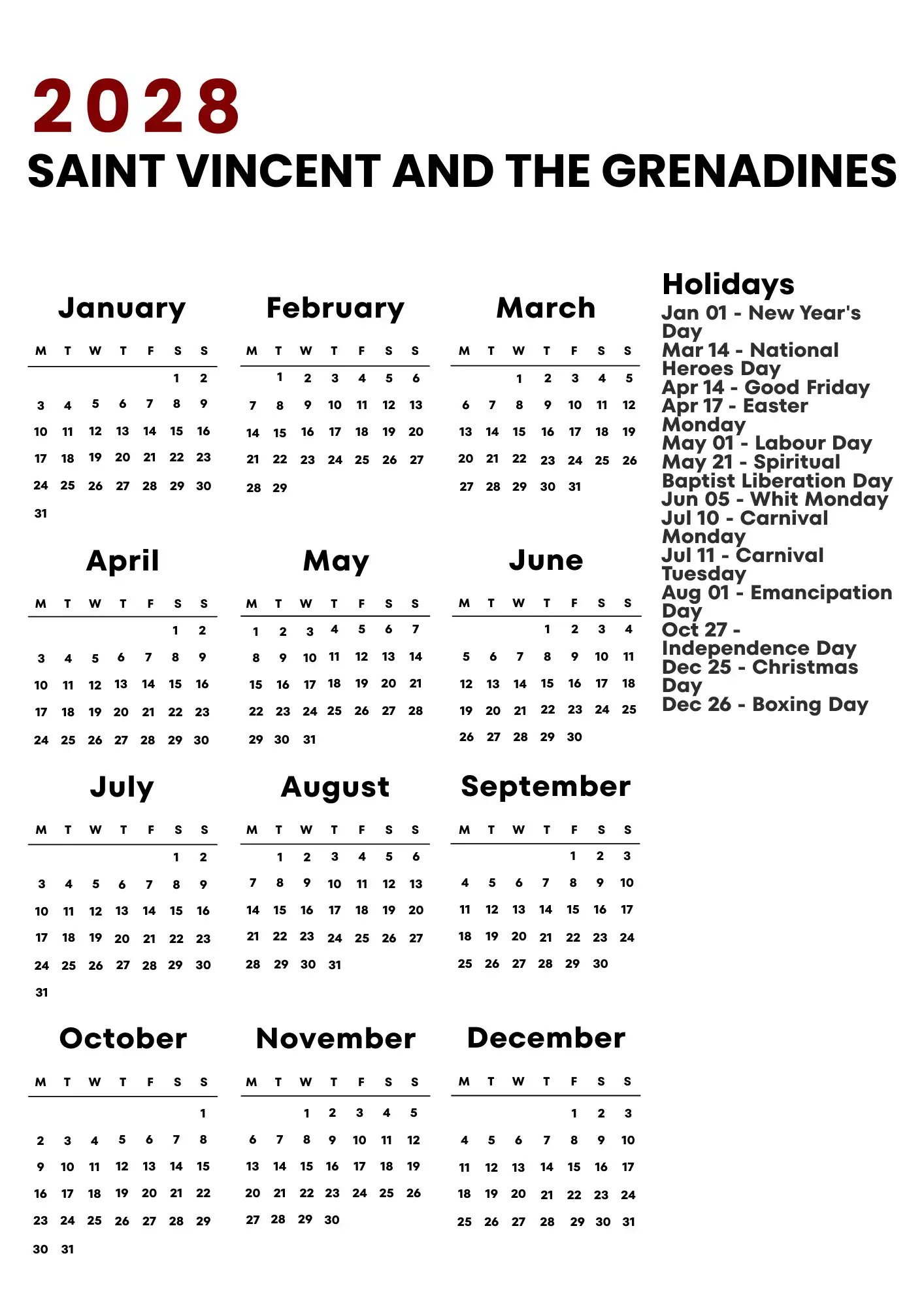 Saint Vincent And The Grenadines Calendar 2028