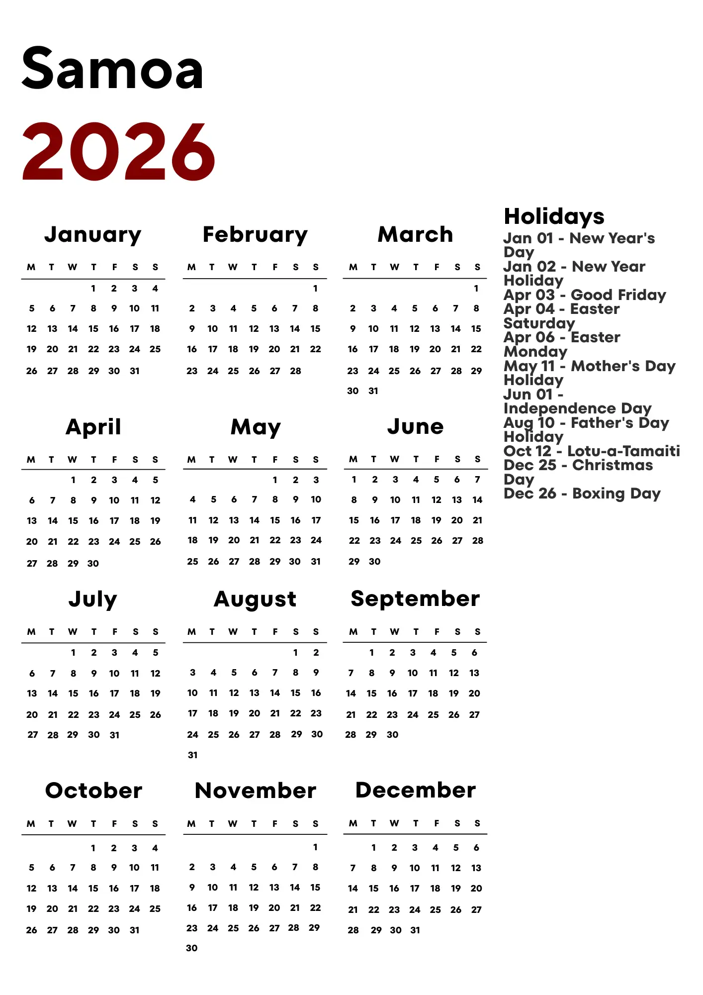 Samoa Calendar 2026