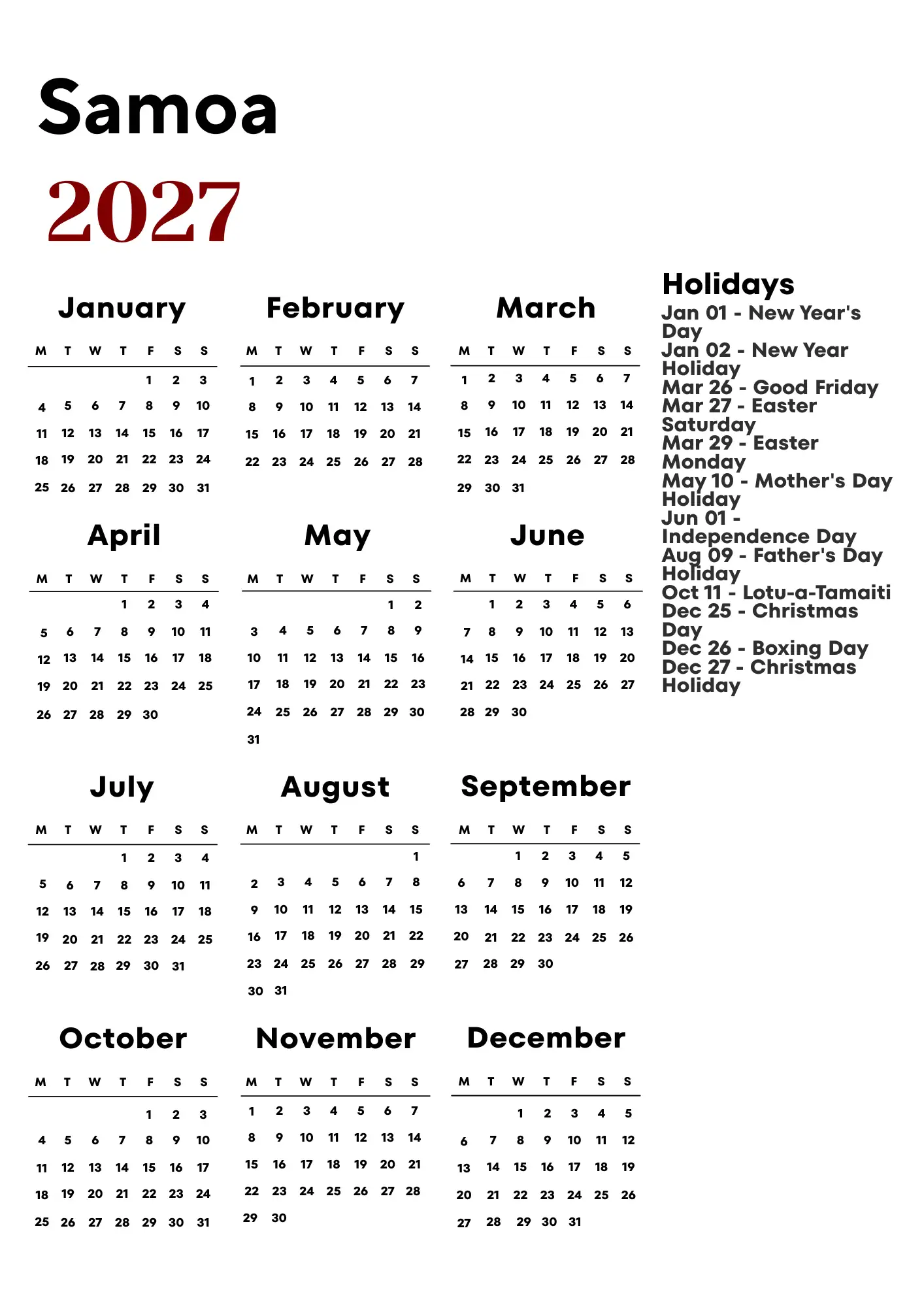 Samoa Calendar 2027