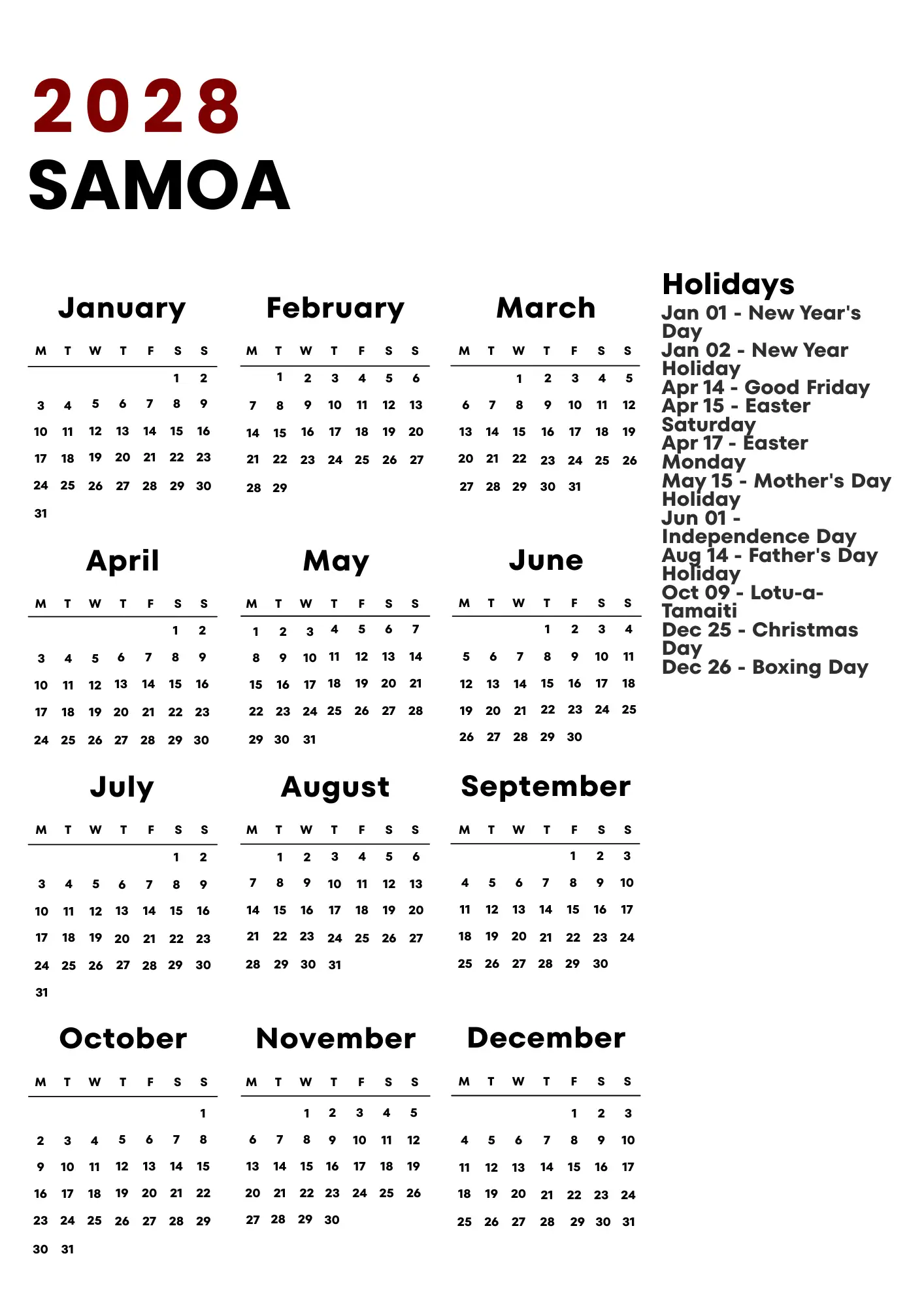 Samoa Calendar 2028