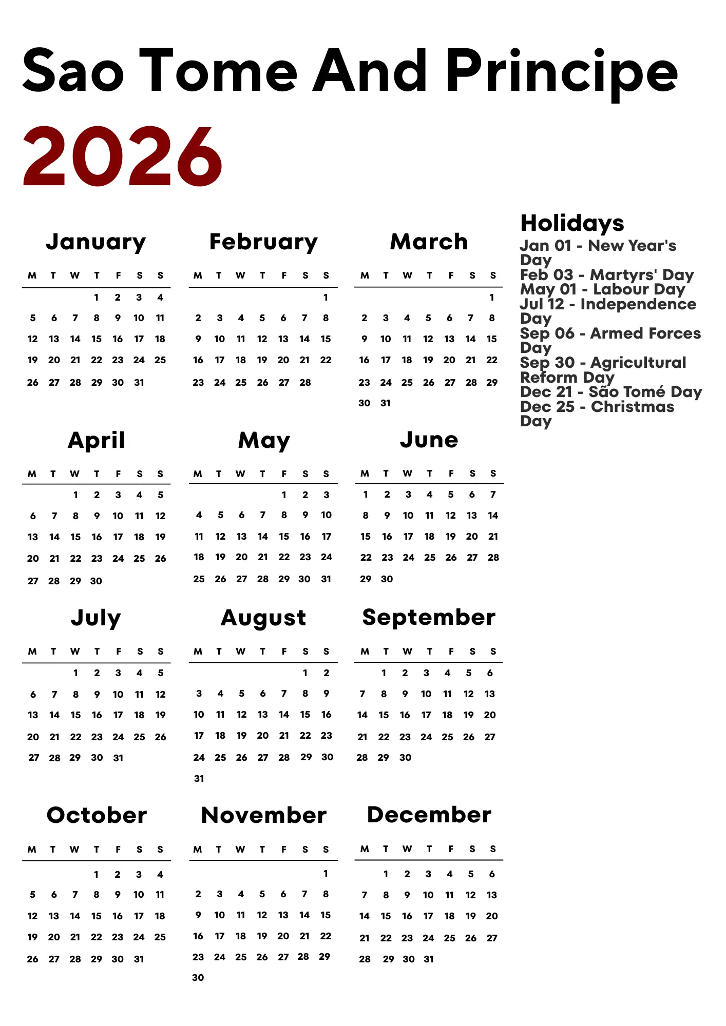 Sao Tome And Principe Calendar 2026