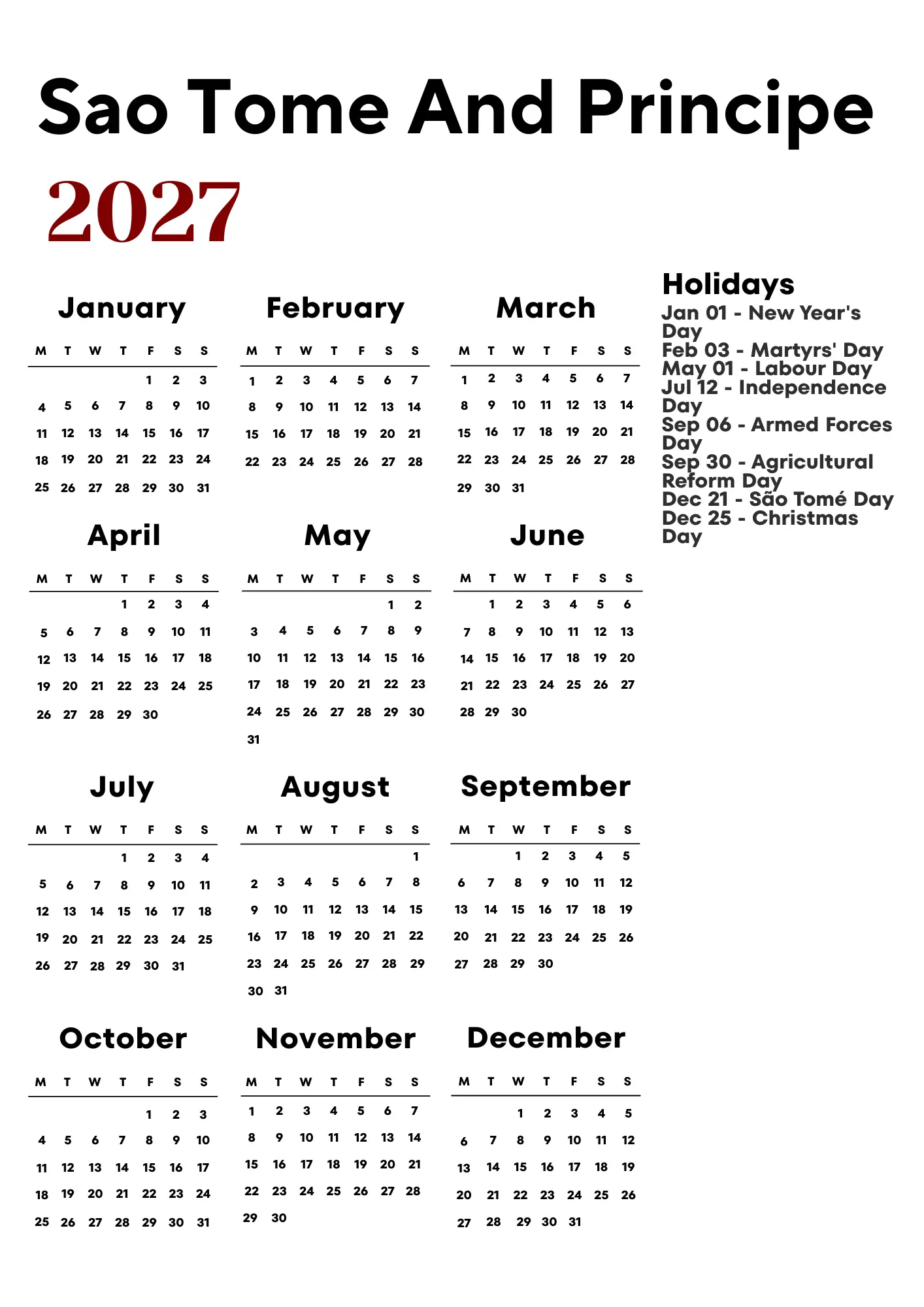 Sao Tome And Principe Calendar 2027