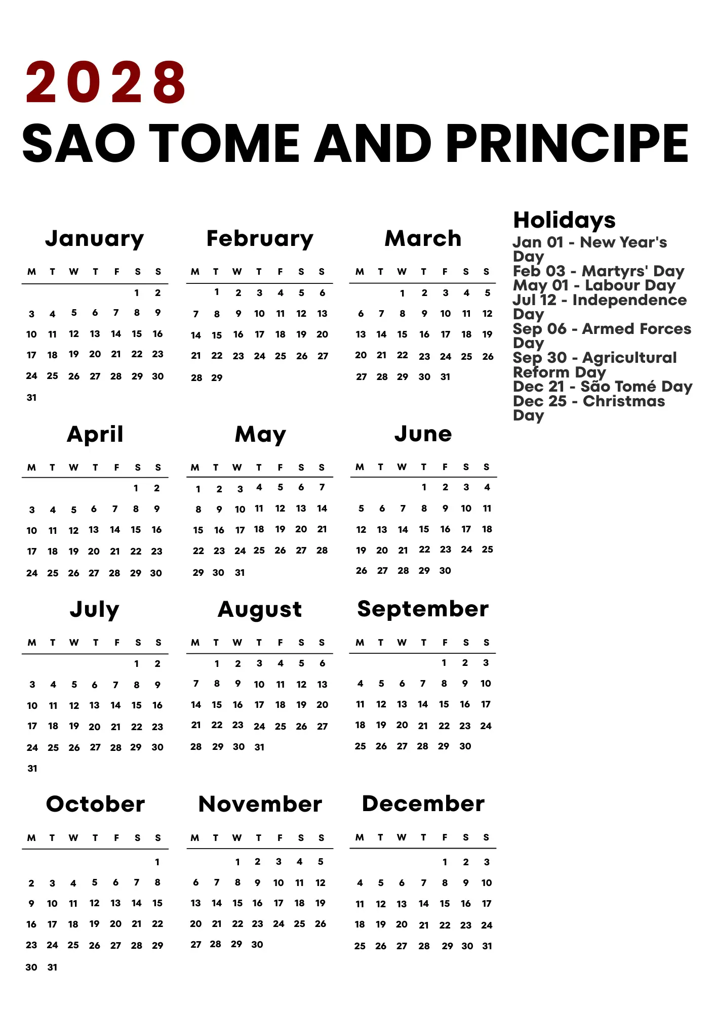 Sao Tome And Principe Calendar 2028