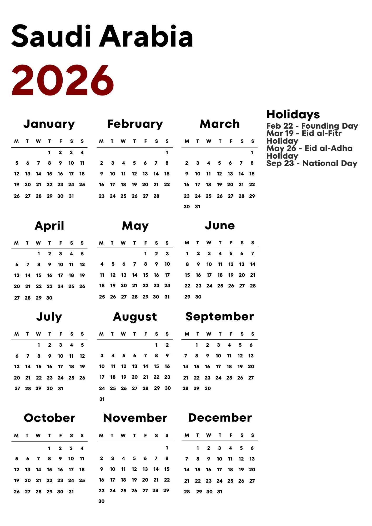 Saudi Arabia Calendar 2026