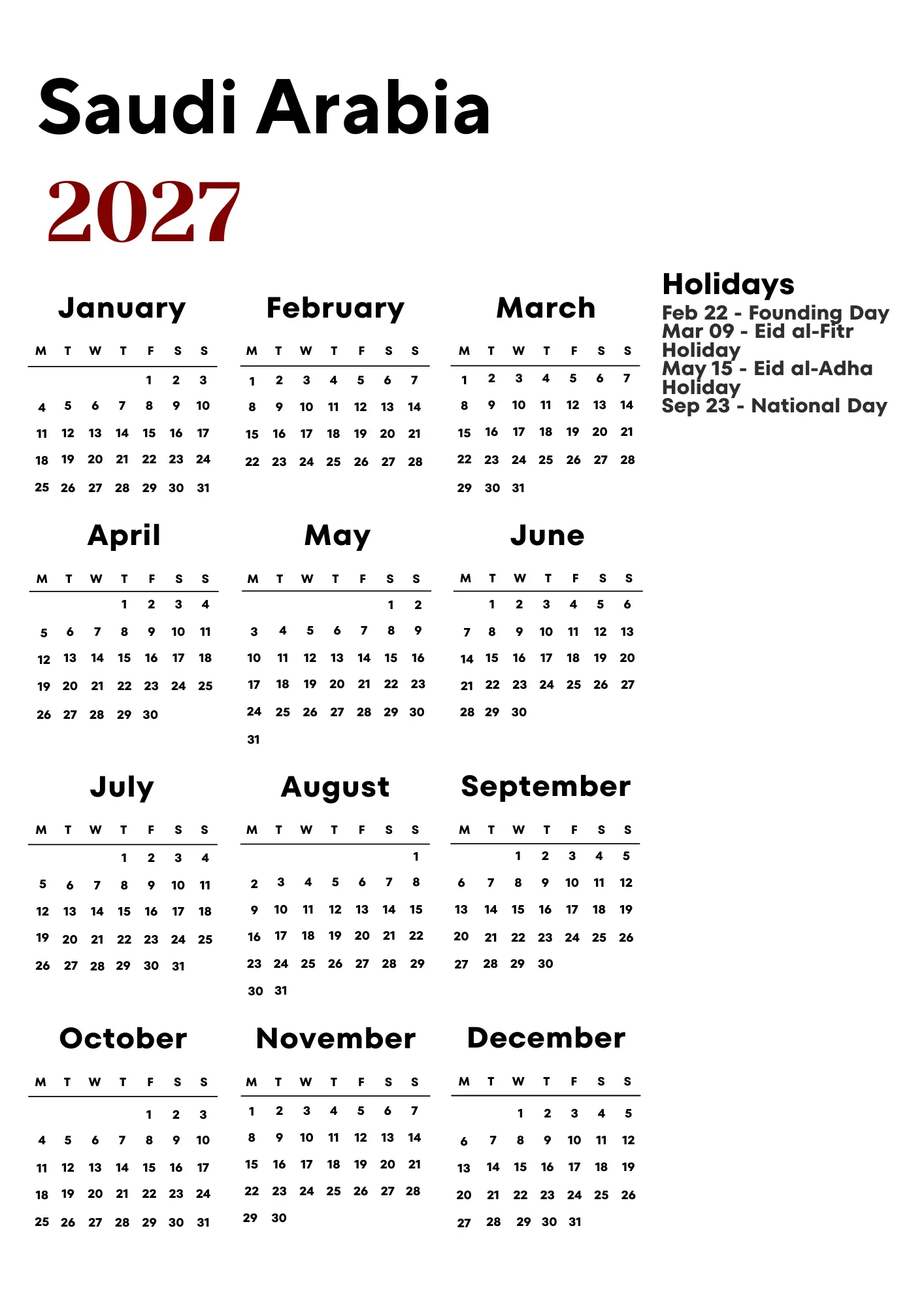 Saudi Arabia Calendar 2027