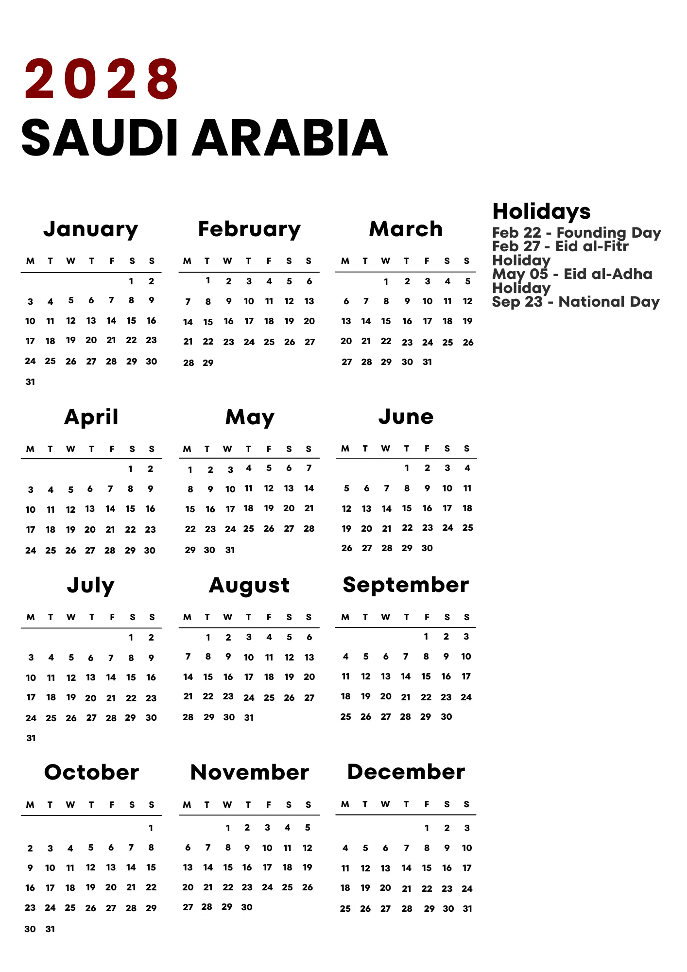 Saudi Arabia Calendar 2028