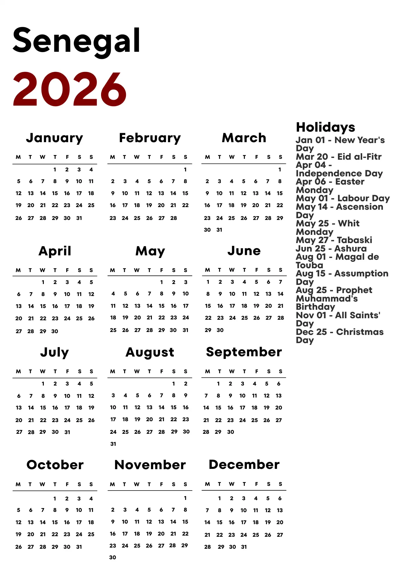 Senegal Calendar 2026