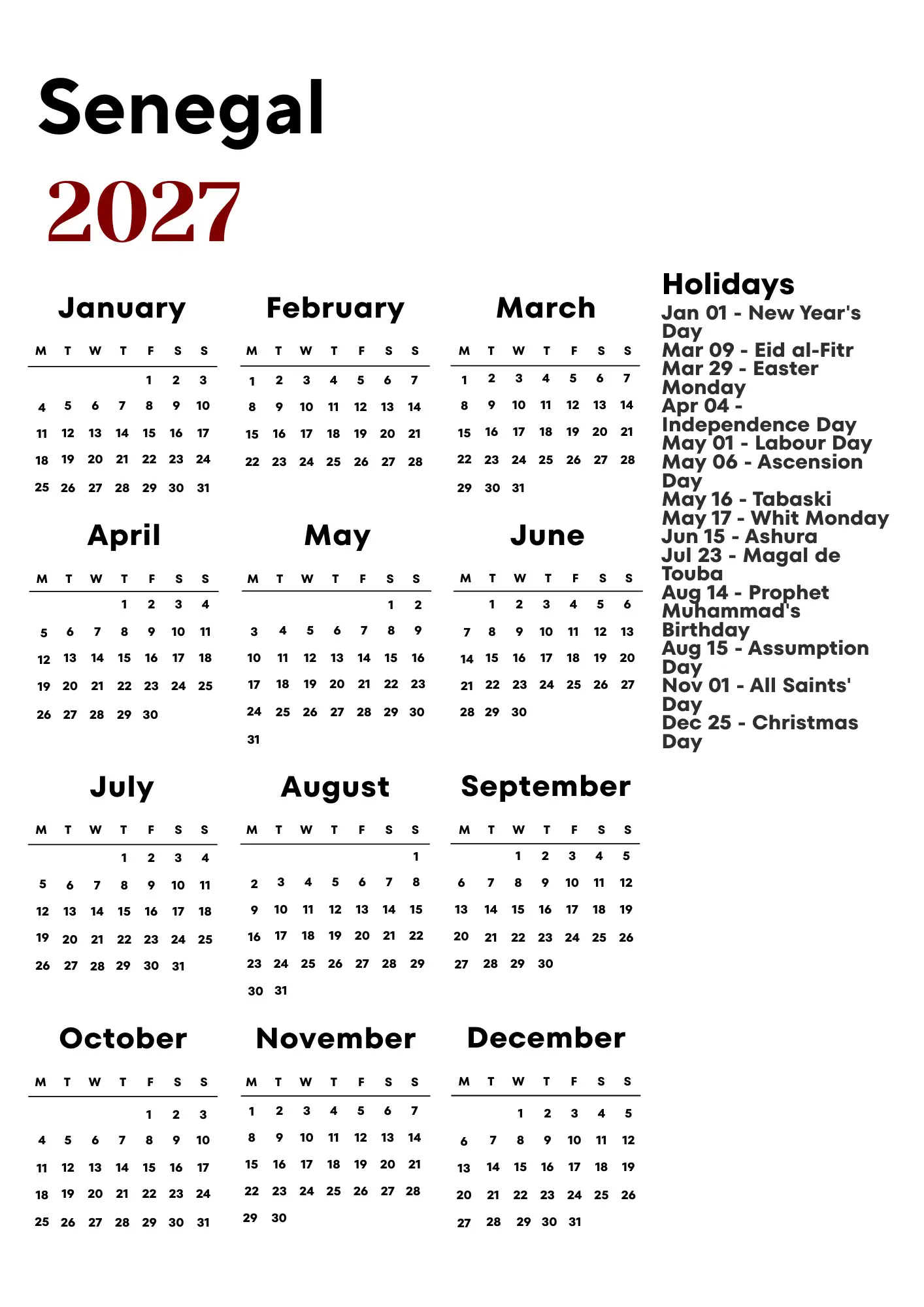 Senegal Calendar 2027