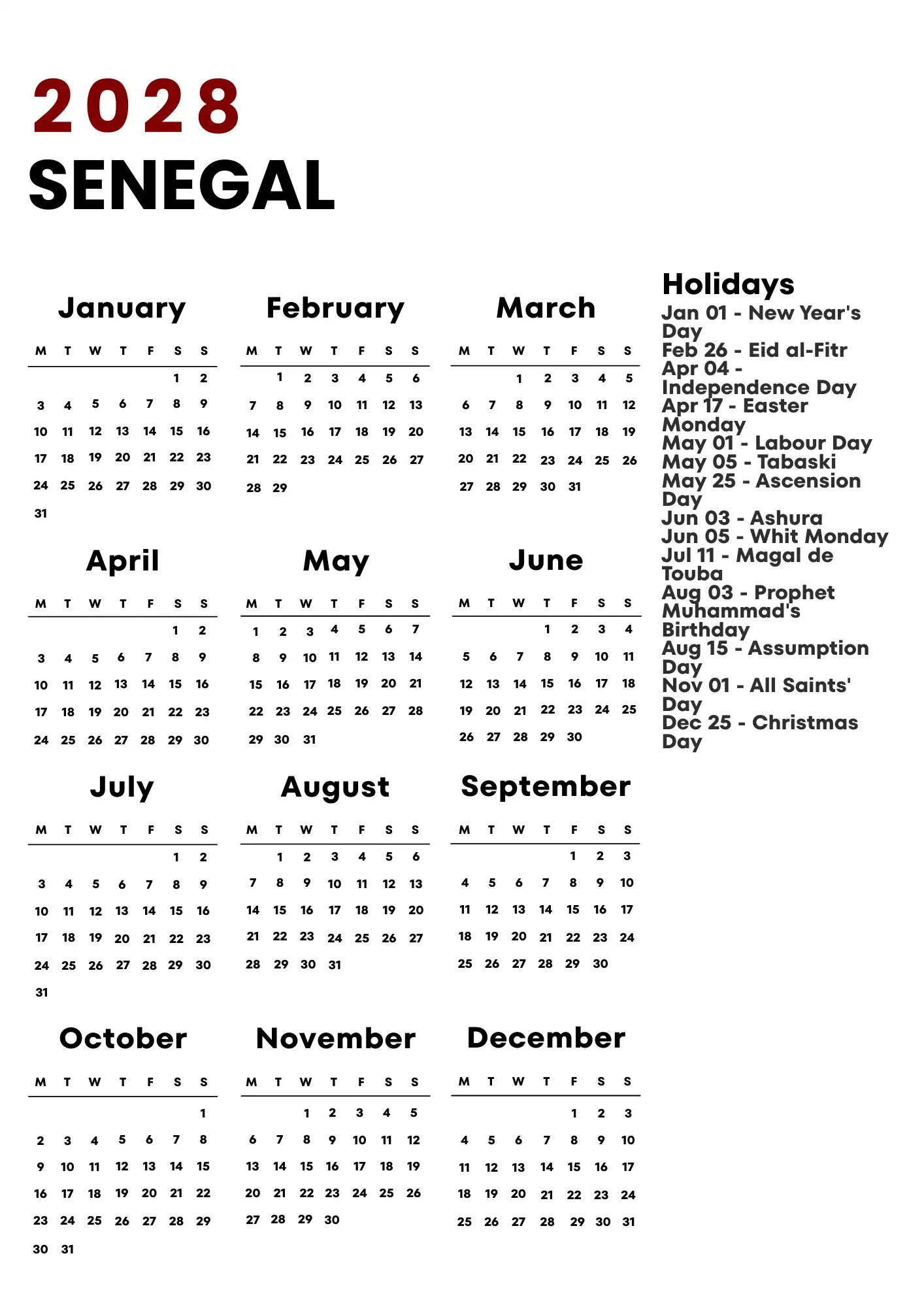 Senegal Calendar 2028