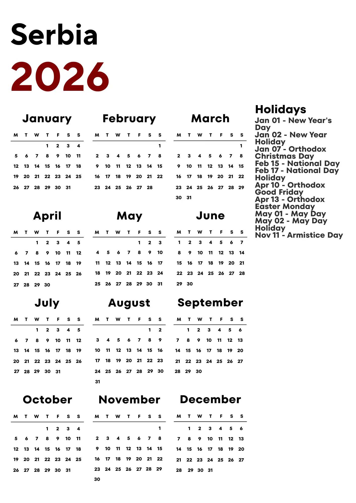 Serbia Calendar 2026