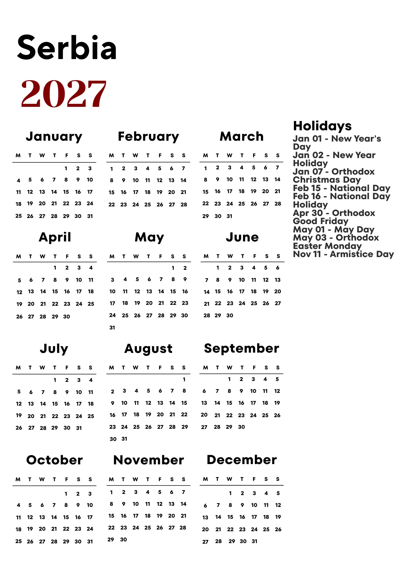 Serbia Calendar 2027