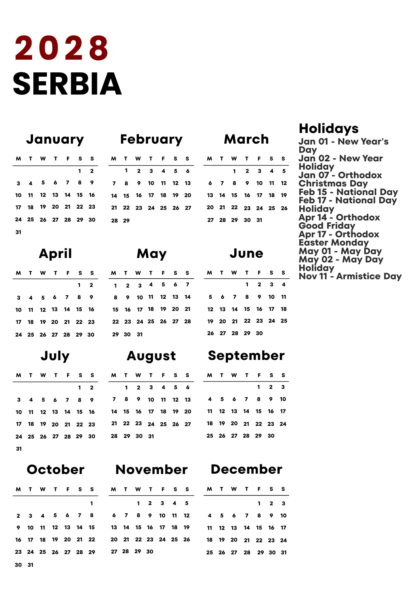 Serbia Calendar 2028