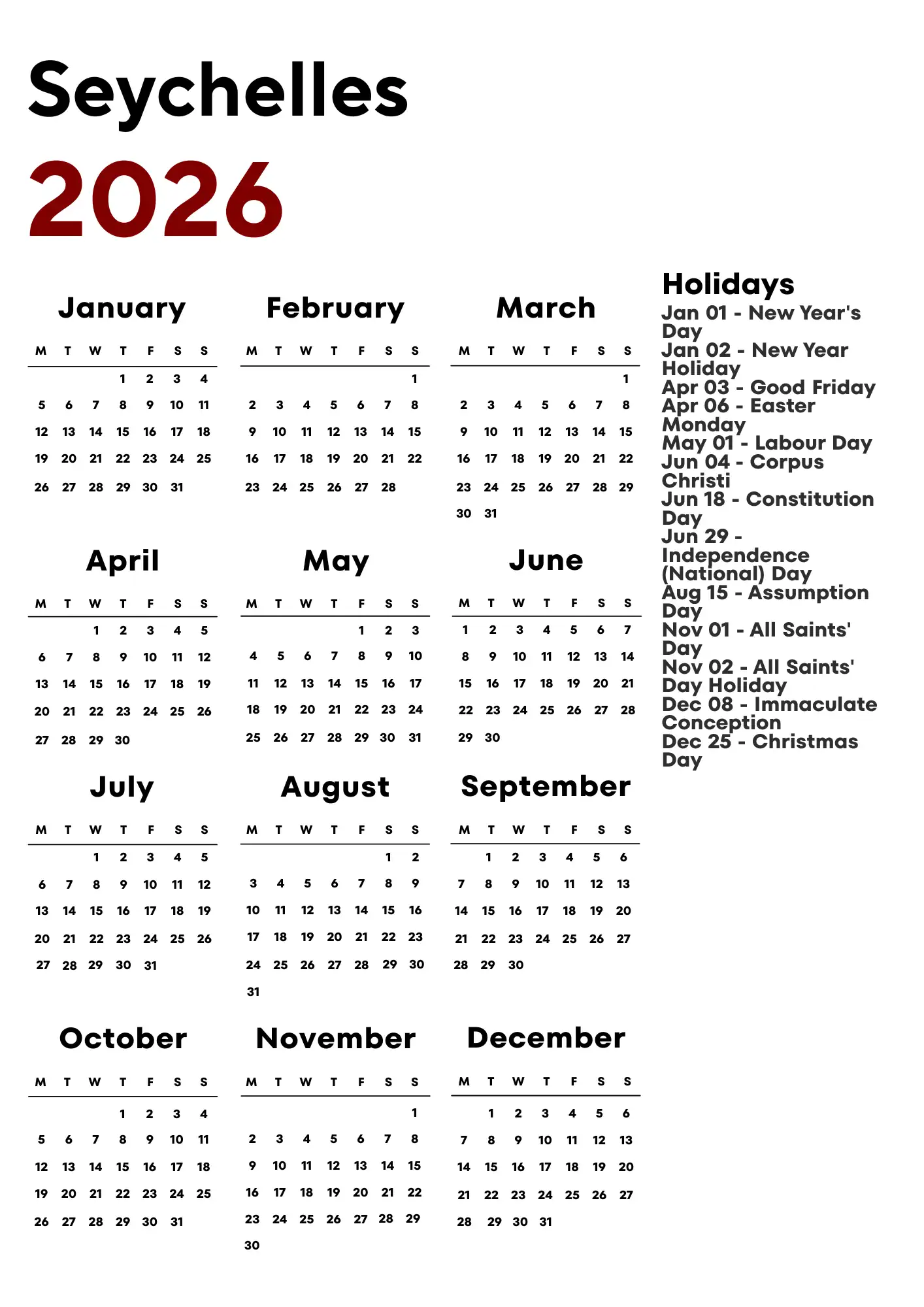 Seychelles Calendar 2026