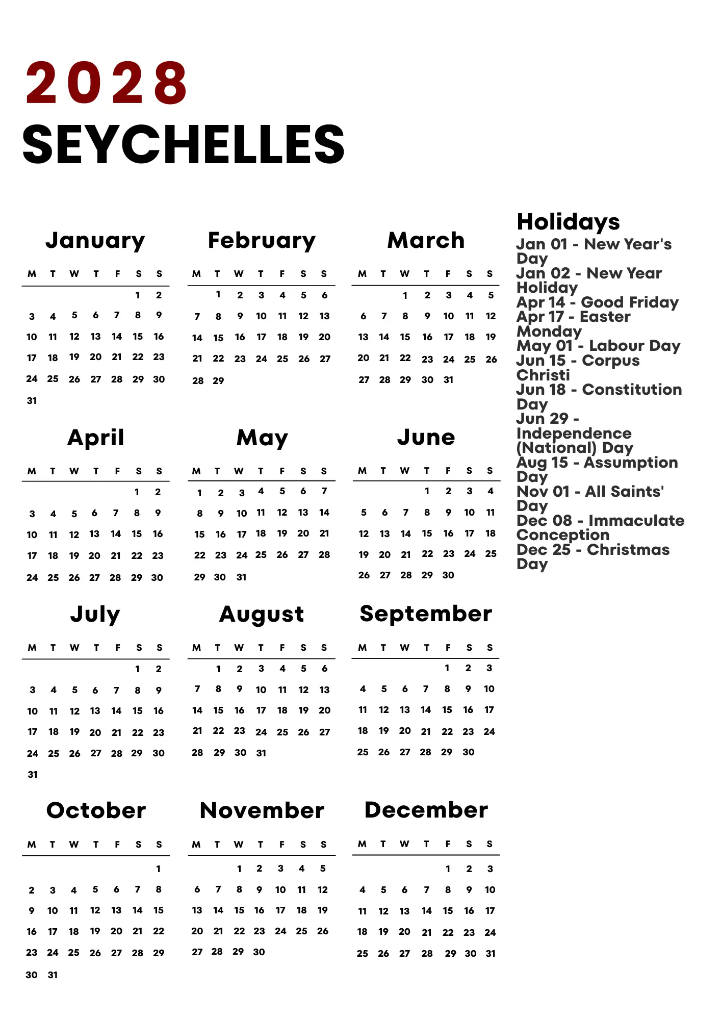 Seychelles Calendar 2028