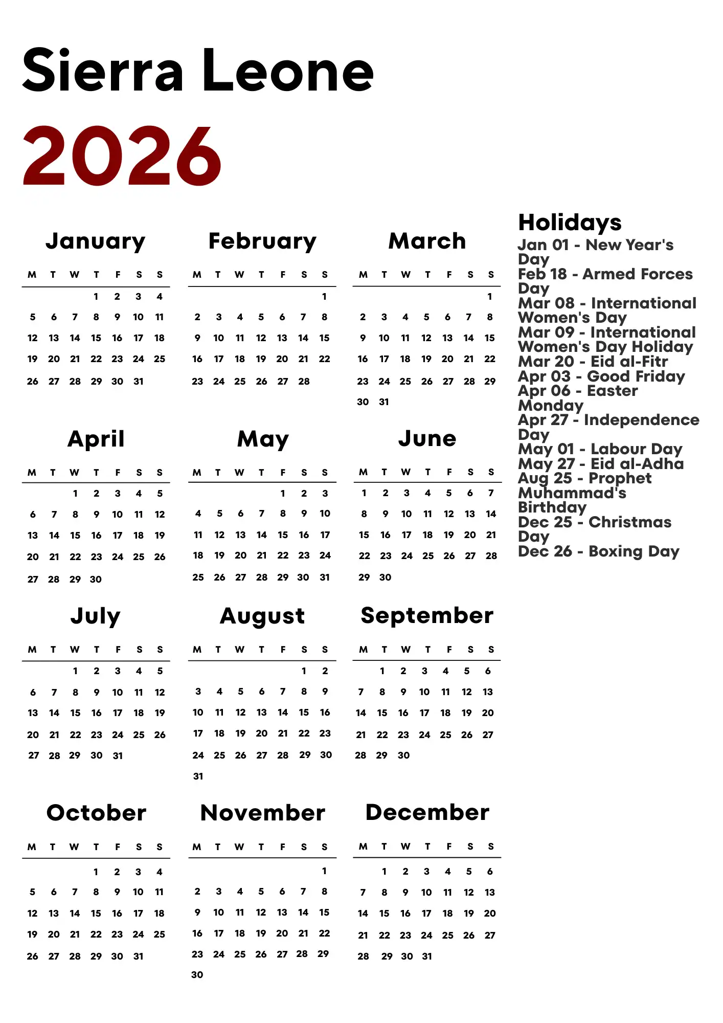 Sierra Leone Calendar 2026