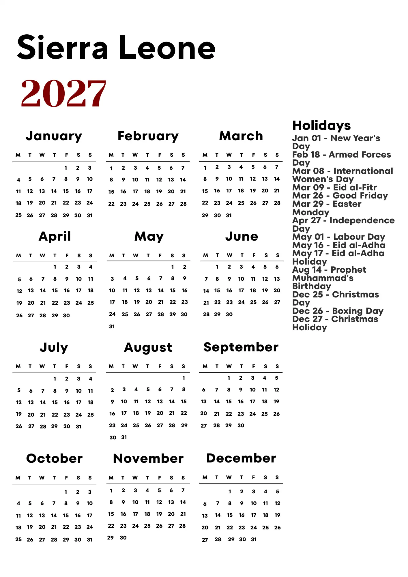 Sierra Leone Calendar 2027