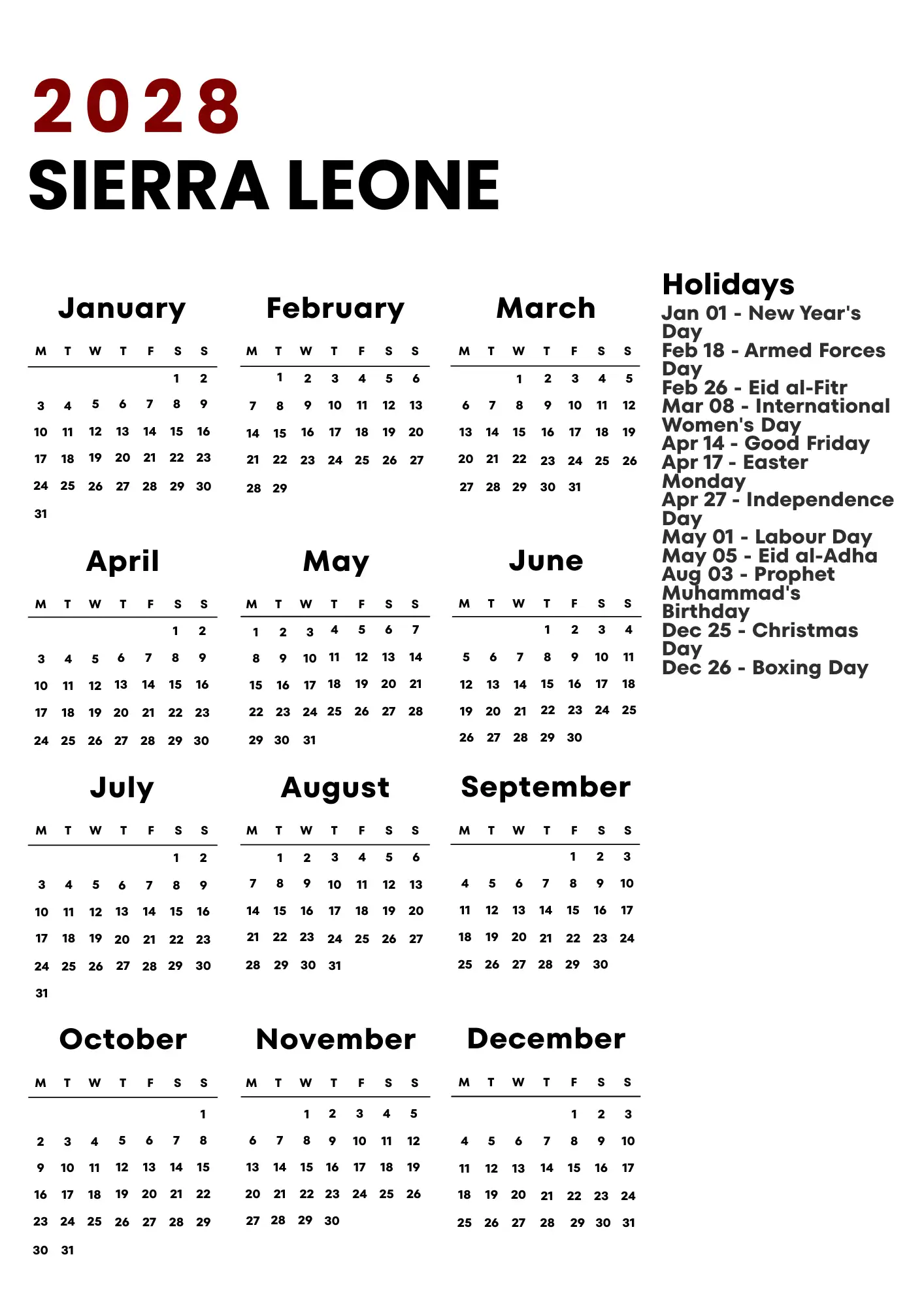 Sierra Leone Calendar 2028