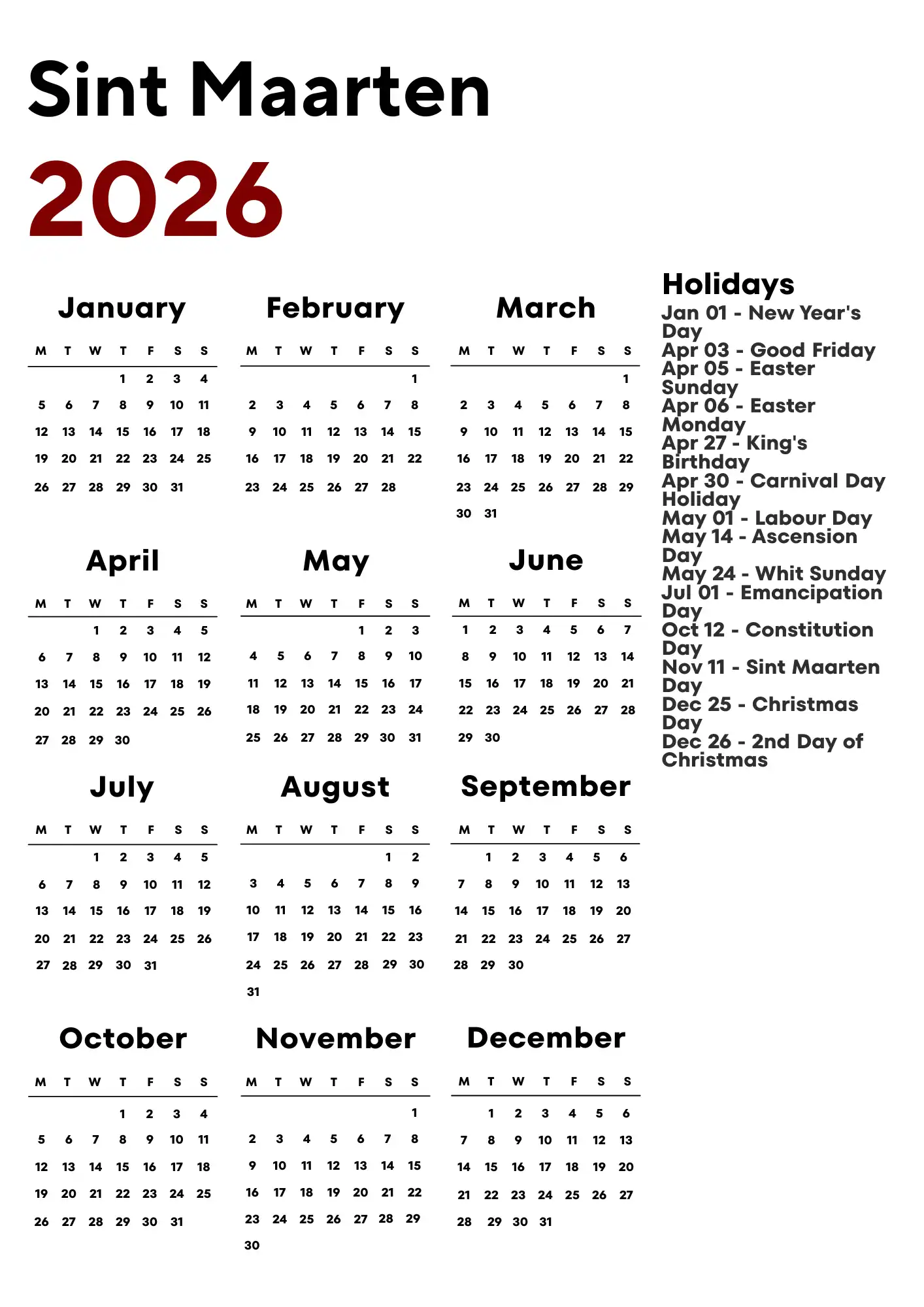 Sint Maarten Calendar 2026