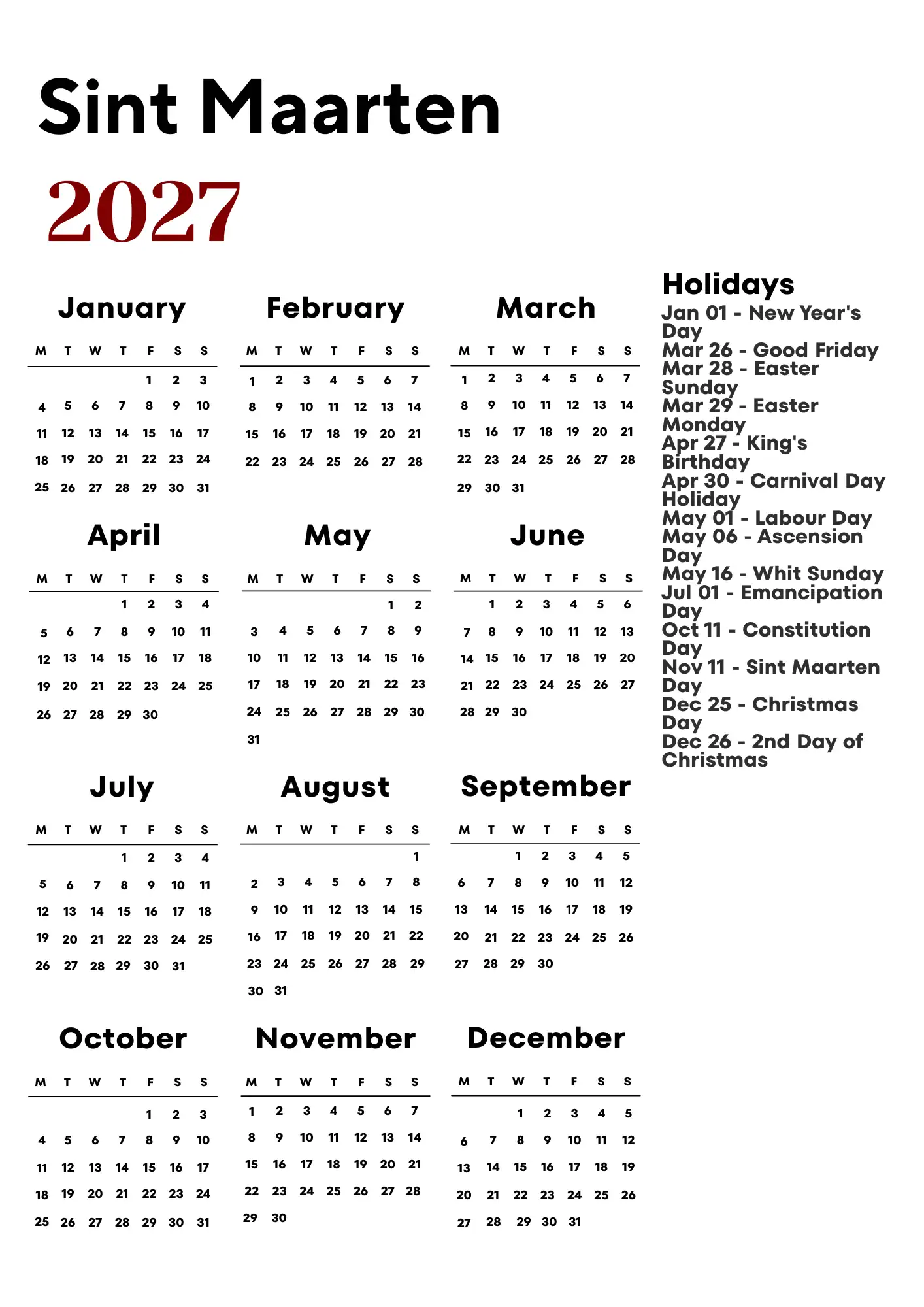 Sint Maarten Calendar 2027